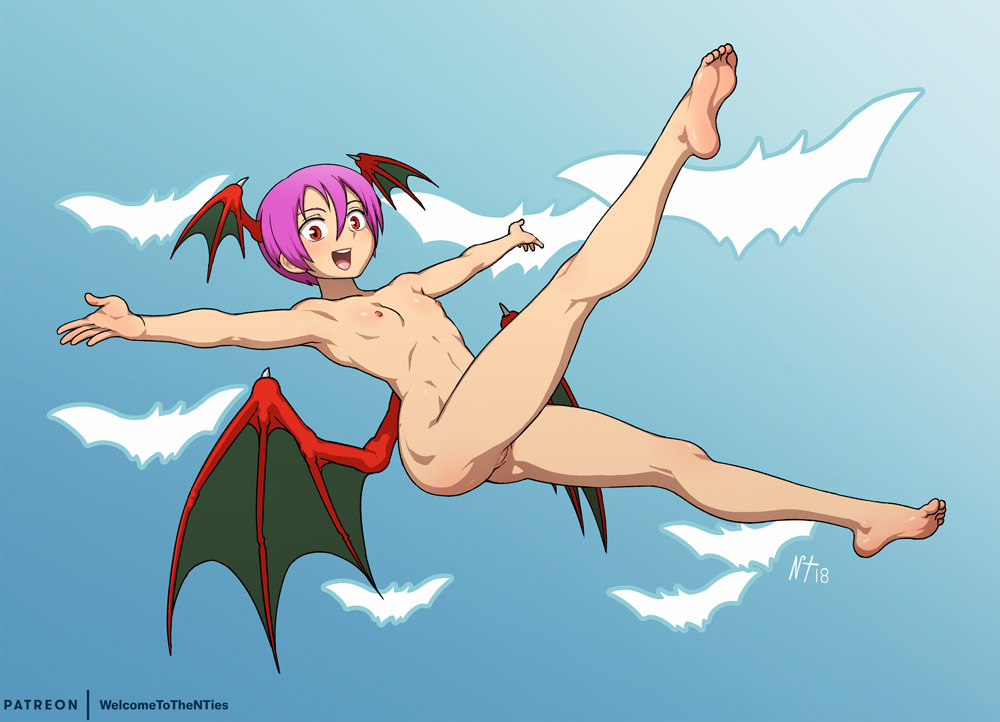 bare legs, barefoot, breasts, darkstalkers, demon, feet, female, flat chest, full body, head wings, legs, lilith aensland, nipples, noisetanker, nude, pussy, small breasts, solo, succubus, uncensored