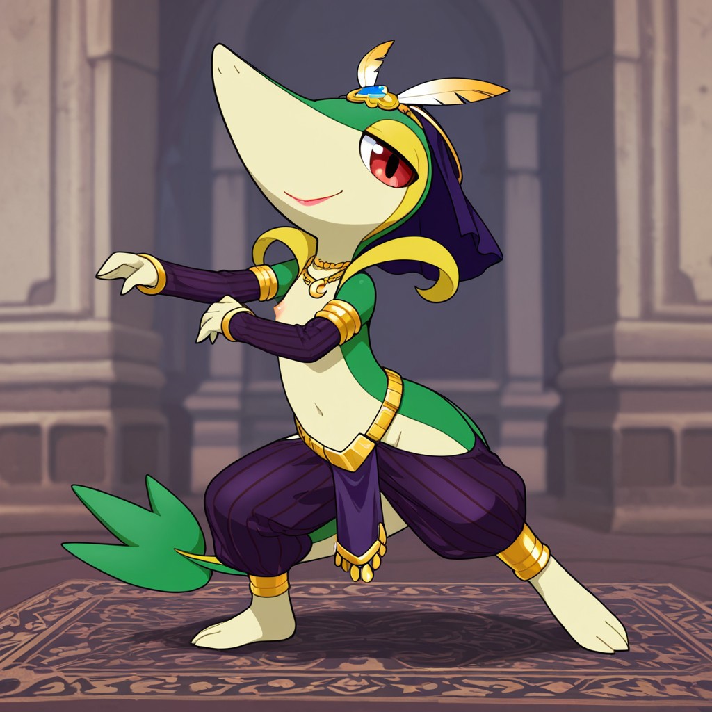 bedroom_eyes dancer dancing feral generation_5_pokemon harem_outfit jewelry lipstick pokemon pokemon_(species) red_eyes seductive_look sex_slave slave snake_girl snivy
