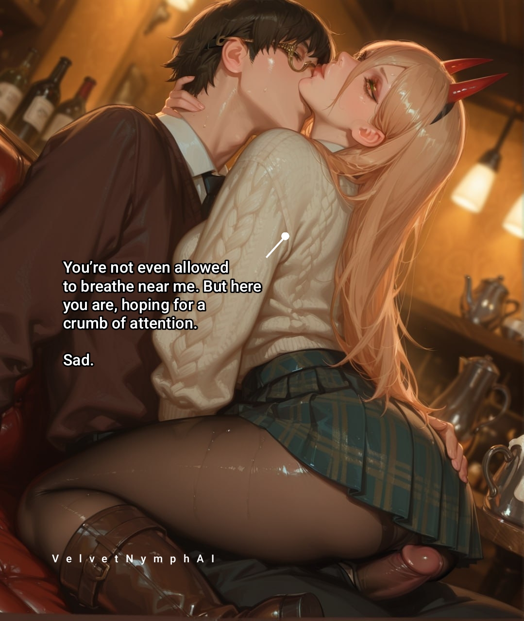 aesthetic, ai generated, boots, chainsaw man, english text, erection, female, female focus, femdom, glasses, goon caption, gooning, humiliation, indoors, male, nylons, pantyhose, patreon, penis, power (chainsaw man), skirt, text, tights, velvetnymphai