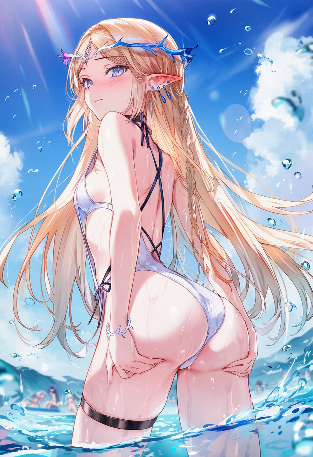 ai generated, ass, ass focus, back view, cartethyia (wuthering waves), cloudy sky, curvy body, curvy female, embarrassed female, feline, female, female only, hands on ass, one piece swimsuit, raaicave, sky background, wuthering waves