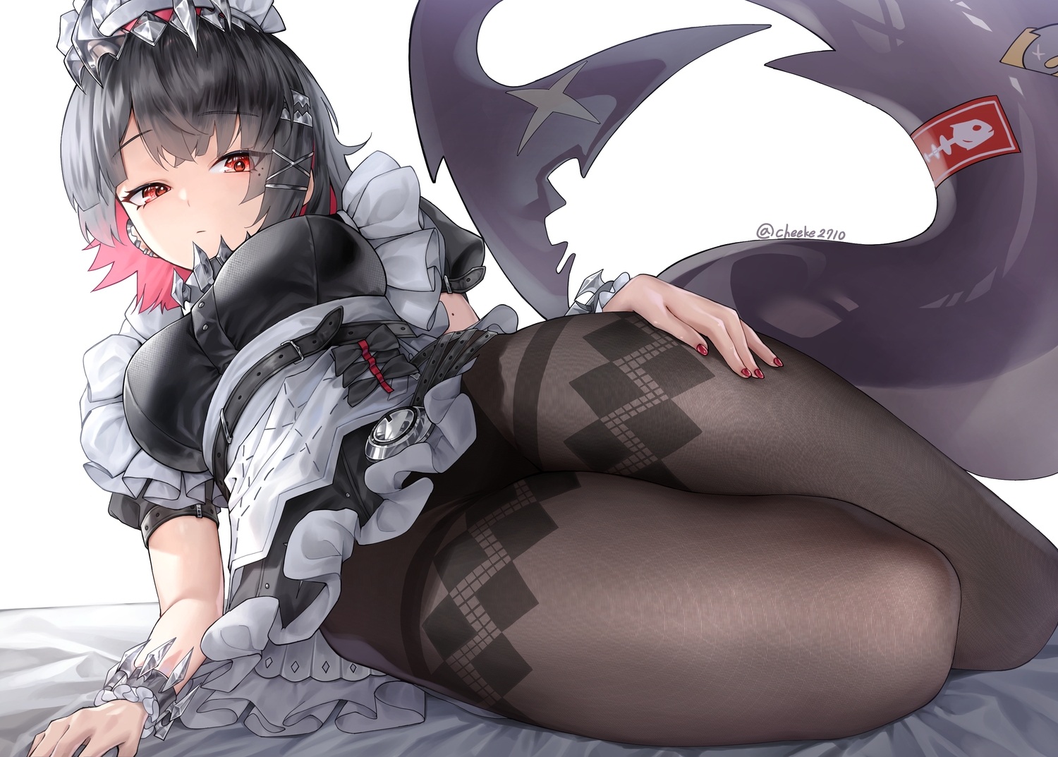 1girls, apron, black hair, black pantyhose, black-haired female, bow, close up, collar, dress, ellen joe, female, headdress, kemono, looking at viewer, maid, maid apron, maid dress, maid headdress, maid outfit, maid uniform, painted fingernails, painted nails, panties, pantyhose, red eyes, red-eyed female, see-through, shark girl, shark tail, short hair, short-haired female, signed, sole female, tagme, tail, underwear, white hair, wristwear, zenless zone zero