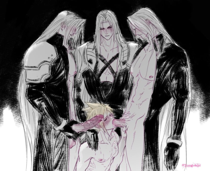 4boys blonde_hair blush bukkake closed_eyes closed_mouth cloud_strife crisis_core_final_fantasy_vii crying cum cum_on_body erection fellatio final_fantasy final_fantasy_vii grey_hair group_sex highres jacket kneeling long_hair looking_at_another male_focus multiple_boys multiple_persona nipples open_clothes open_jacket oral parted_bangs penis sephiroth short_hair spiked_hair surroun testicles tomgoblin twitter_username yaoi