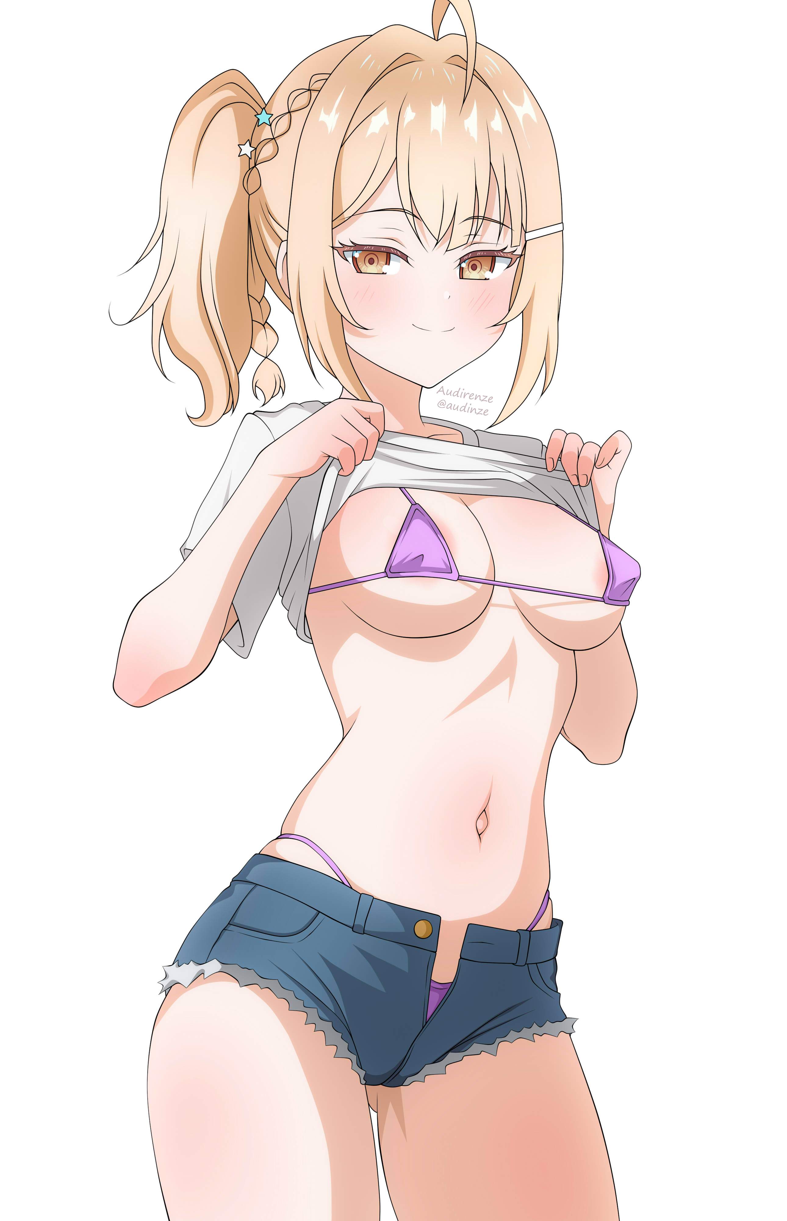 1girls, 2d, 2d (artwork), 2d artwork, ahoge, areolae, audirenze, bare arms, bare belly, bare hands, bare legs, bare midriff, bare navel, bare skin, bare thighs, belly, belly button, bikini, bikini bottom, bikini top, blonde female, blonde hair, blonde hair female, blonde-haired female, breasts, brown eyes, brown-eyed female, busty, busty female, busty girl, busty teen, closed mouth smile, collarbone, curvaceous, curvaceous body, curvaceous female, curvaceous figure, curvaceous hips, curvaceous teen, curvy, curvy body, curvy female, curvy figure, curvy hips, curvy teen, digital, digital art, digital drawing, digital drawing (artwork), digital media, digital media (artwork), drawing, elbows, exposed arms, exposed belly, exposed legs, exposed midriff, exposed navel, exposed skin, exposed thighs, exposing, exposing breasts, exposing chest, exposing self, female, female focus, female only, fingers, groin, hair ornament, hair ornaments, halterneck, high resolution, high school student, highres, hourglass figure, jean shorts, large breasts, lean figure, light smile, long hair, looking at viewer, micro bikini, midriff, miyamae nonoa, narrow waist, navel, nipple bulge, ponytail, presenting breasts, purple bikini, purple bikini bottom, purple bikini top, purple micro bikini, purple string bikini, purple swimsuit, purple swimwear, school girl, shoulders, showing breasts, showing chest, side ponytail, sidelocks, simple background, skindentation, slender body, slender waist, slim waist, smile, smiley face, smiling, smiling at viewer, solo, standing, string bikini, swimsuit, swimwear, teen girl, teenage girl, teenage tits, teenager, thick thighs, thighs, thong bikini, tokidoki bosotto russian de dereru tonari no alya-san, upper body, white background, wide hips, yellow eyes, yellow hair, yellow-eyed female, yellow-haired female, young female, young woman