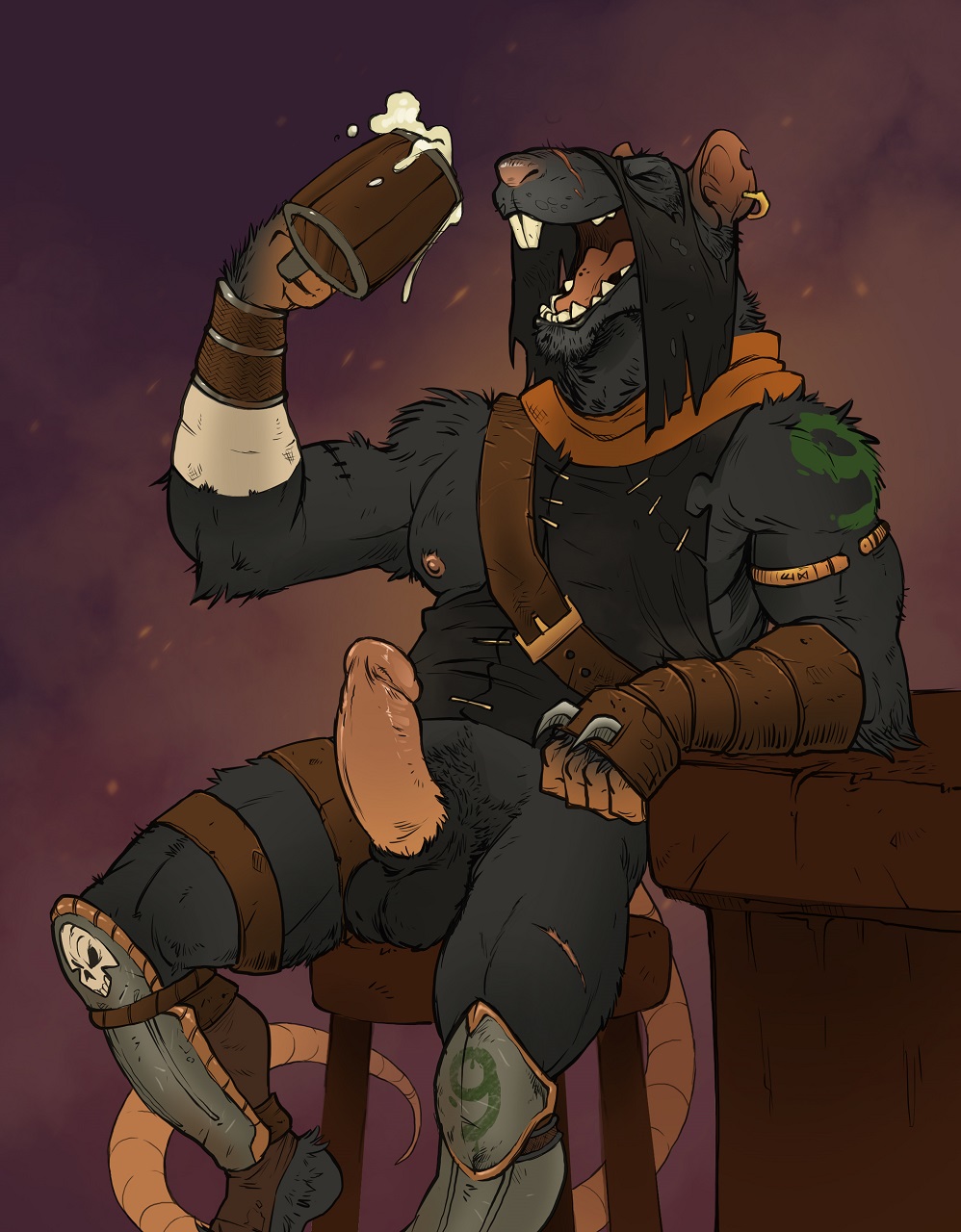 2018 alcohol anthro armor badcoyote balls beverage black_fur bracers closed_eyes clothed clothing cup drinking ear_piercing erection fur greaves hood humanoid_penis male male_only mammal muscular muscular_male nipples open_mouth partially_clothed penis piercing rat rodent scar shirt sitting skaven solo teeth tongue vermintide warhammer_(franchise) warhammer_fantasy