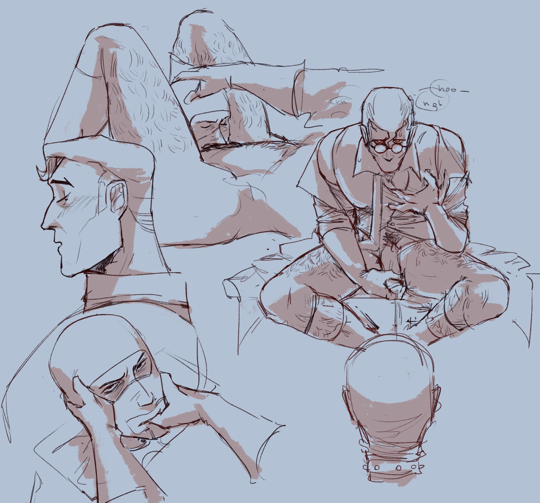 2boys, bara, big pecs, blowjob, bukkake, chest hair, deepthroat, disembodied head, fondling pecs, garter straps, gay, glasses, leg hair, male, male only, masturbation, medic (team fortress 2), monochrome, older male, oral, oral sex, panting, partially dressed, self fondle, shpendix, sock garters, spy (team fortress 2), team fortress 2, yaoi