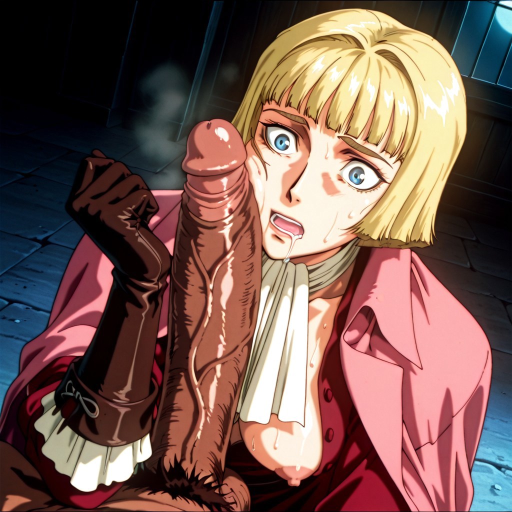 1boy, 1girls, ai generated, akaz123, berserk, big penis, blonde hair, blue eyes, dark skin, dark-skinned male, drooling, excited, farnese, female, forearm cock, huge cock, imminent oral, interracial, looking at penis, male, nipples, penis, penis against cheek, penis against face, penis awe, penis measuring, penis on cheek, penis on face, pov, retro artstyle, shocked expression, steaming body, surprised expression, sweat
