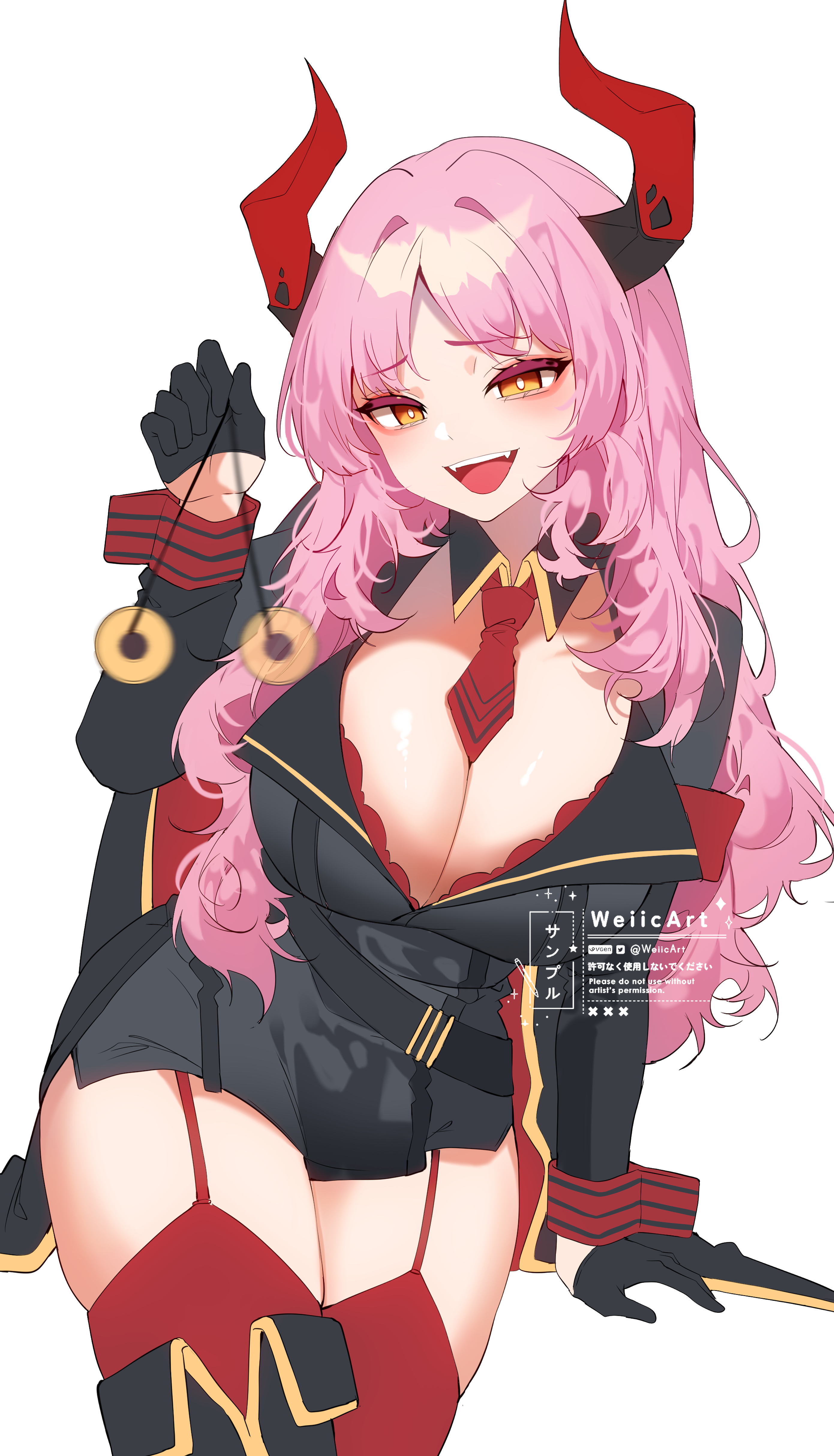 1girls, artist name, blue archive, breasts, cleavage, fangs, female, female only, golden eyes, horns, hypnosis, hypnotic accessory, hypnotizing viewer, large breasts, long hair, looking at viewer, mind control, pendulum, pink hair, satsuki (blue archive), swinging pendulum, tagme, weiic, white background, zettai ryouiki
