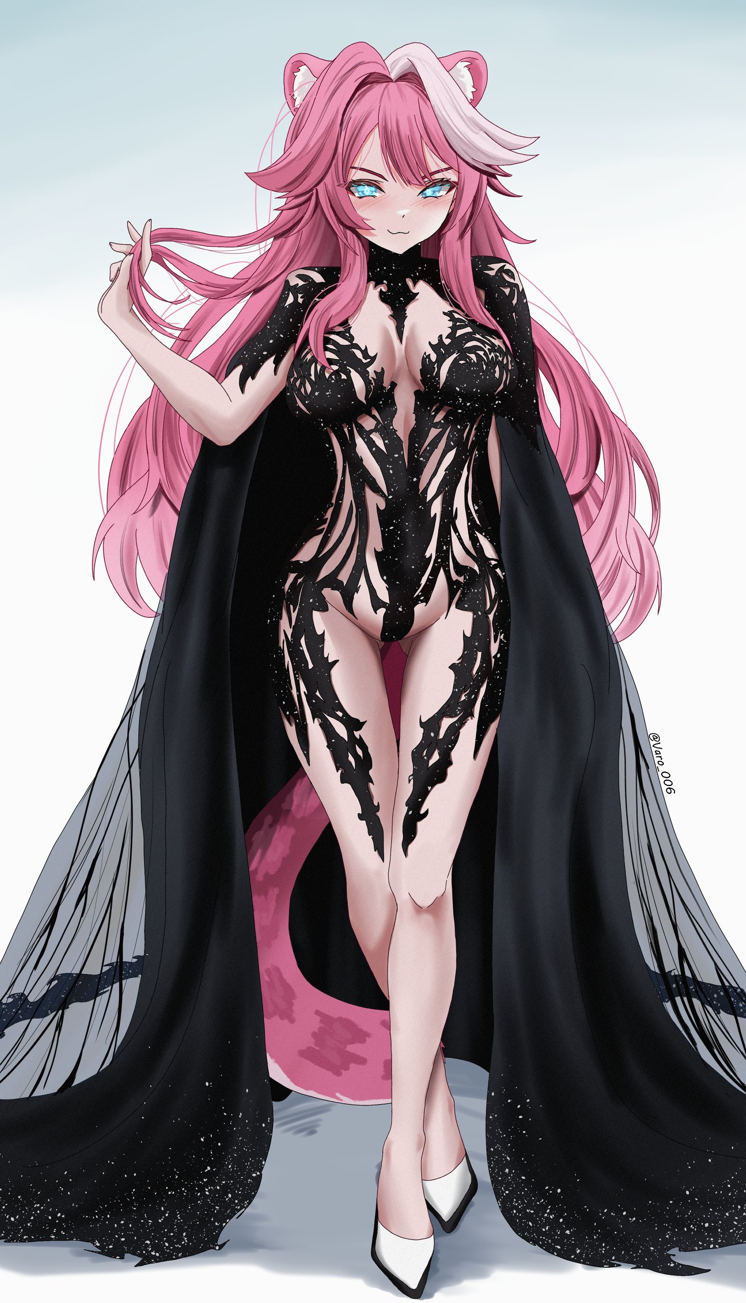 1girls, blue eyes, blush, breasts, chronopattern dress, cleavage, dress, embarrassed, female, female only, heels, hololive, hololive english, hololive english -justice-, huge breasts, light skin, light-skinned female, meme attire, pink hair, raora panthera, solo, varo 006, virtual youtuber, white heels