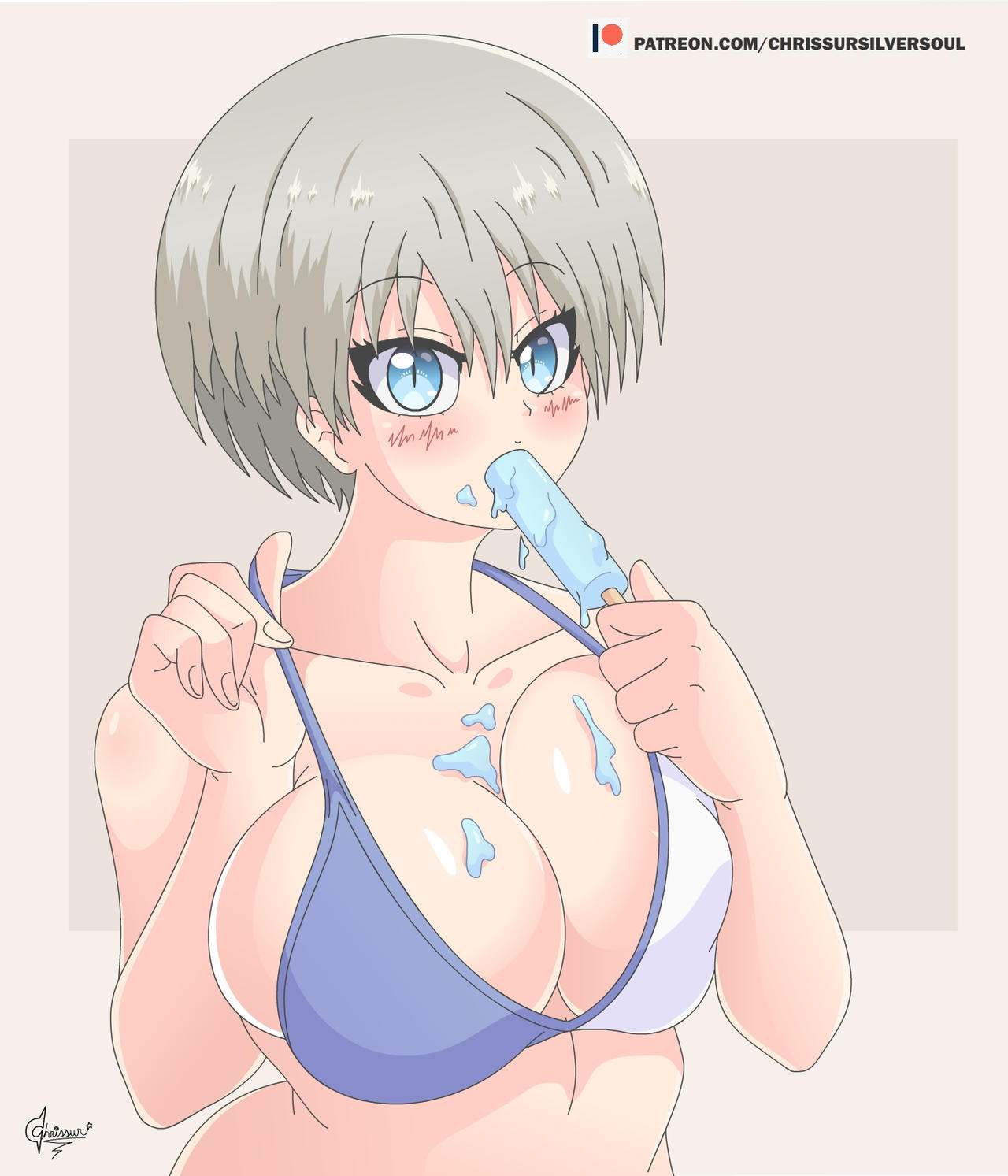 big breasts, bikini, blue eyes, bra, bra strap pull, breasts, breasts bigger than head, chrissursilversoul, female, huge breasts, popsicle, popsicle in mouth, popsicle melting, simple background, strap pull, uzaki hana, uzaki-chan wa asobitai!, white hair, wide hips
