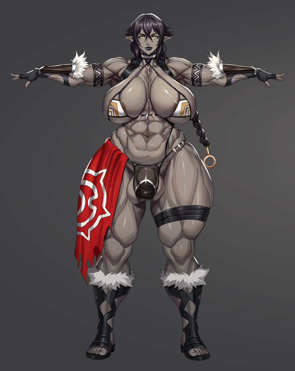 1futa abs armband balls bare_shoulders big_breasts black_hair boots breasts bulge bulge_through_clothing busty cleavage clothed clothing curvy eyelashes fingerless_gloves flaccid front_view futa_only futanari gloves gray_skin hourglass_figure huge_breasts humanoid intersex long_hair looking_at_viewer muscles muscular muscular_futanari original_character pointy_ears pose posing saxwakuy shiny shiny_skin simple_background solo spread_legs spreading standing thick_thighs thong thong_bulge underboob voluptuous wide_hips yellow_eyes