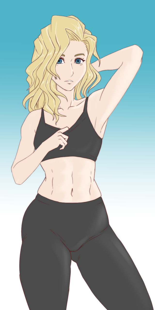 abs annabeth_chase belly belly_button black_sports_bra black_yoga_pants blonde_female blonde_hair blue_background blue_eyes breasts collarbone expressionless glistening glistening_body glistening_hair gradient_background gummidx hairless_armpits hand_behind_head heroes_of_olympus midriff no_background percy_jackson_and_the_olympians shaded small_breasts tagme thighs tugging_clothing