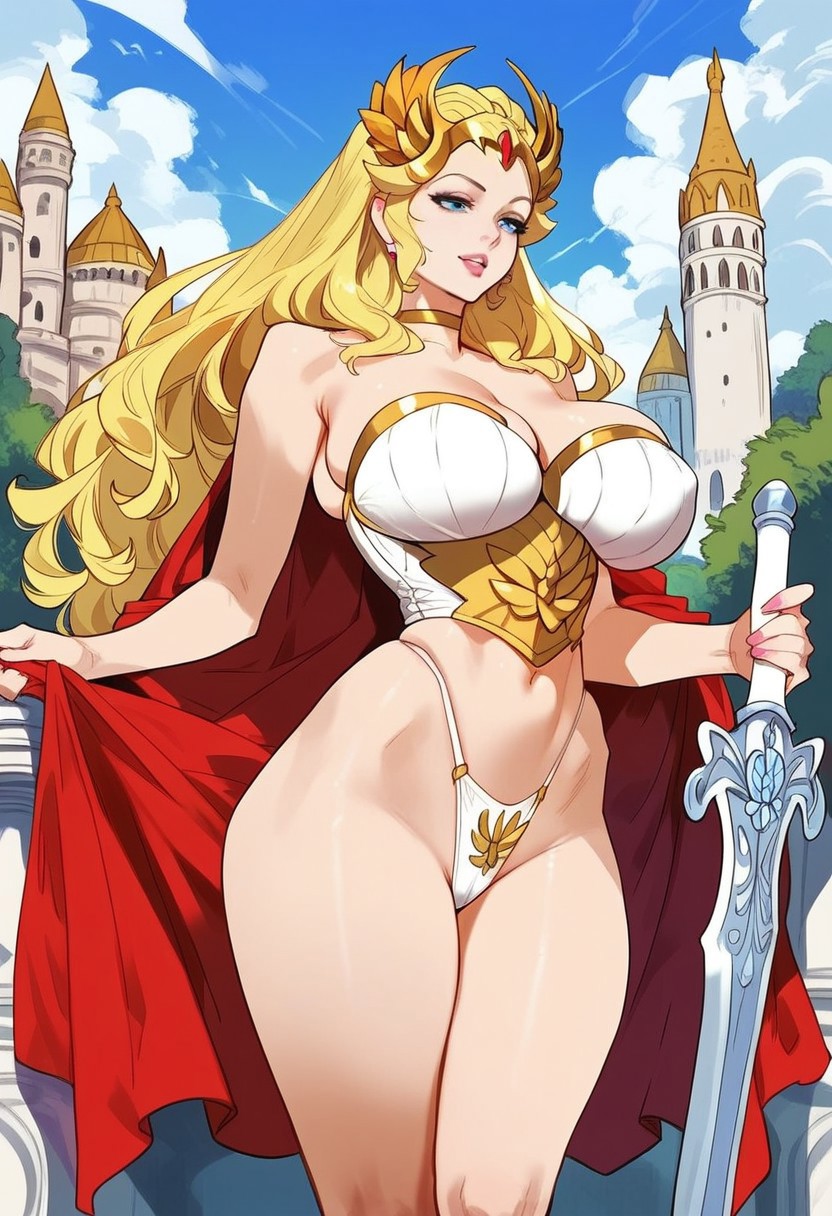 1girls 2d ai_generated big_breasts bikini_armor blonde_female blonde_hair breasts cape cleavage female female_focus female_only panties red_cape she-ra she-ra_princess_of_power solo solo_female solo_focus tagme tiara