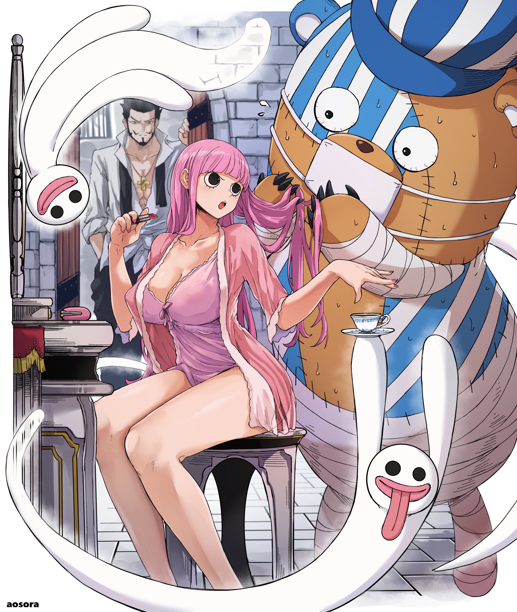 1boy, 1girls, abs, aosora, babydoll, big breasts, black eyes, black hair, black-haired male, breasts, busty, cleavage, cross, curvy, dracule mihawk, female, female focus, horo horo no mi, lipstick, long hair, makeup, male, nipples, nipples visible through clothing, one piece, open shirt, pajamas, perona, pink hair, pink-haired female, pyjamas, sheer, sheer clothing, short hair, skimpy, skimpy clothes