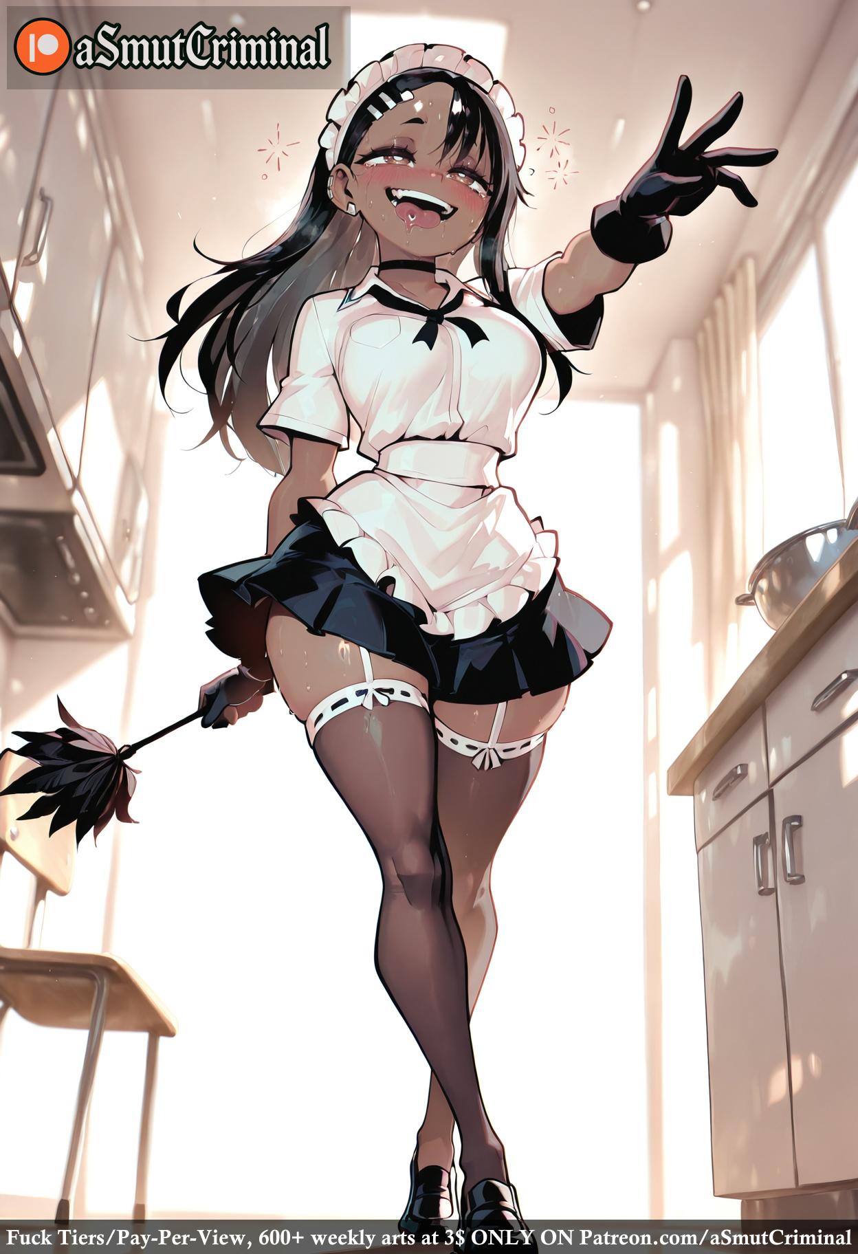 ai_generated apron asmutcriminal black_footwear black_gloves black_hair black_legwear blush breasts broom chair choker classroom dark-skinned_female dark_skin desk ear_piercing earrings enmaided female frills gloves holding_broom indoors jewelry kitchen long_hair maid maid_apron maid_headdress mop open_mouth railing school_desk sharp_teeth shoes short_sleeves skirt smile solo table tagme teeth thighhighs thighs waist_apron waving white_apron window