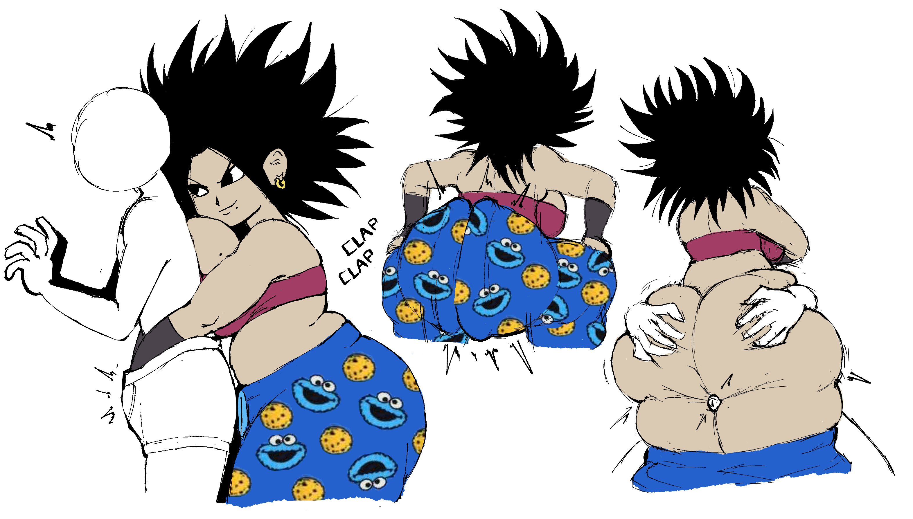 2d, 2d (artwork), ass, ass clapping, ass grab, black hair, blue pants, breast press, breasts, caulifla, chubby, chubby female, cookie monster, cookie monster pajama pants, dragon ball, dragon ball super, fat ass, fat butt, female, ferretidk, fisherneph, from behind, hand in pants, huge ass, huge breasts, humping, ivovvovi, tagme, thigh sex, twerking, weirdduelist