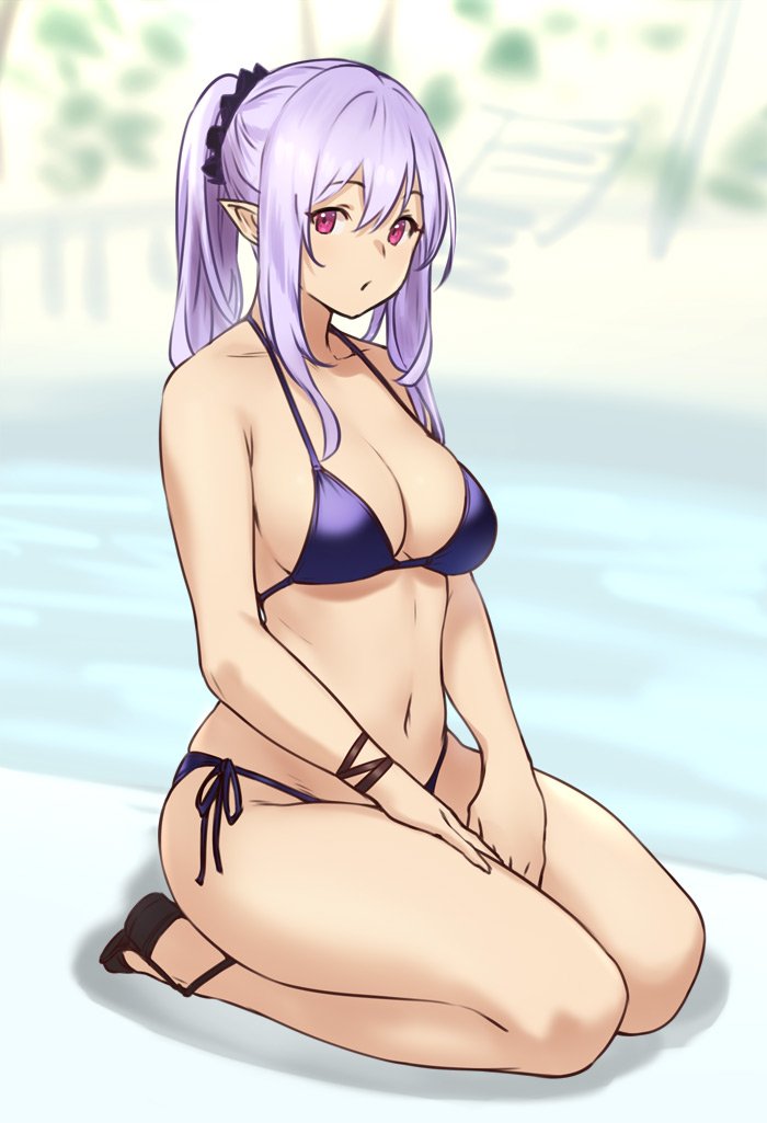 1girls, bare arms, bikini, breasts, cleavage, elf, female, female only, hands on own thighs, houtengeki, kneeling, looking at viewer, navel, pointy ears, ponytail, purple hair, purple swimsuit, red eyes, side-tie bikini bottom, solo