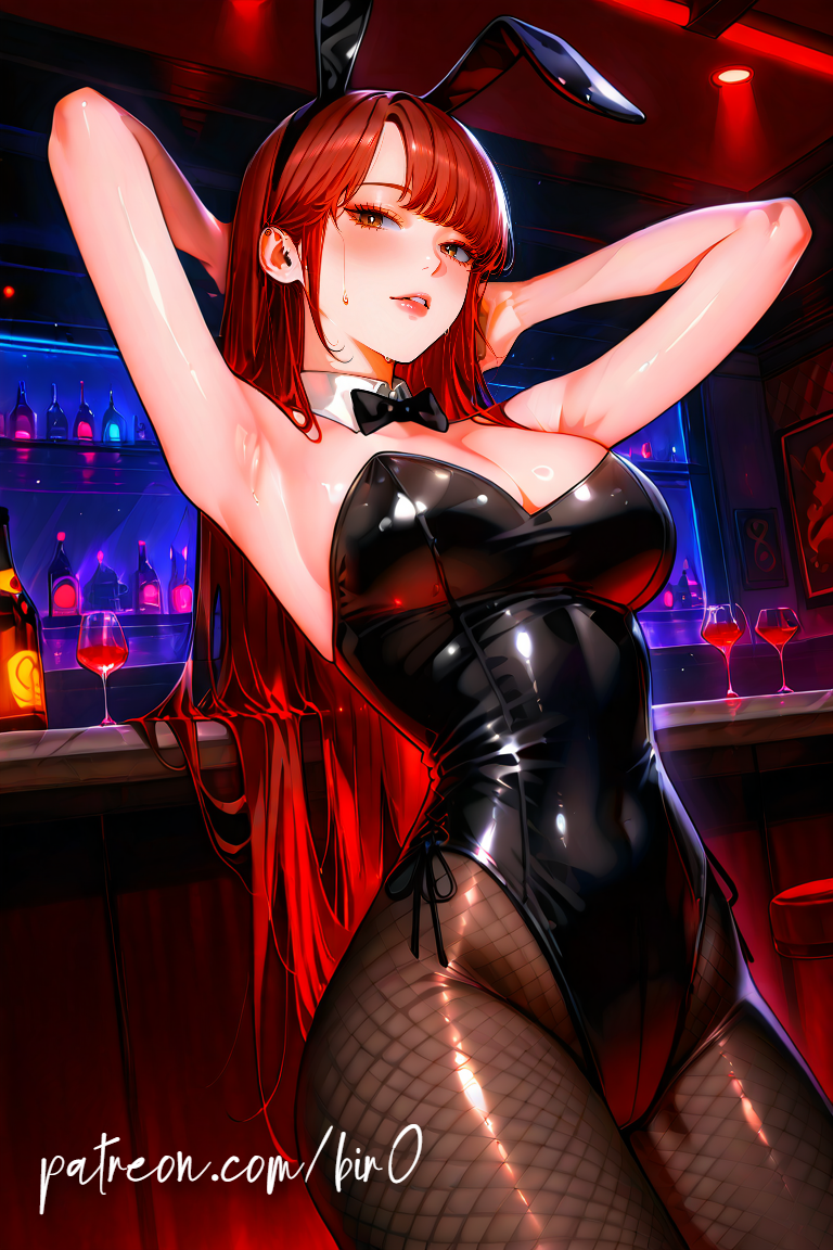 ai_generated alcohol animal_ears animal_tail armpits arms_behind_head arms_up bangs bar_(place) bare_shoulders black_bow black_bowtie black_bunnysuit black_legwear black_leotard black_neckwear black_pantyhose blush bottle bow bowtie breasts brown_legwear brown_pantyhose bunny_girl bunnysuit cleavage clothing cocktail_glass covered_navel cup detached_collar drink drinking_glass fake_animal_ears female female_only fishnet_legwear fishnet_pantyhose fishnets highleg highleg_leotard indoors large_breasts latex legwear leotard lim_hanrim lips long_hair looking_at_viewer manga manhwa navel neckwear night pantyhose parted_lips playboy_bunny pornhwa rabbit_ears red_eyes red_hair shiny_clothes shiny_skin smile solo strapless strapless_leotard sweat tail thighs true_education very_long_hair webtoon wine_glass wrist_cuffs