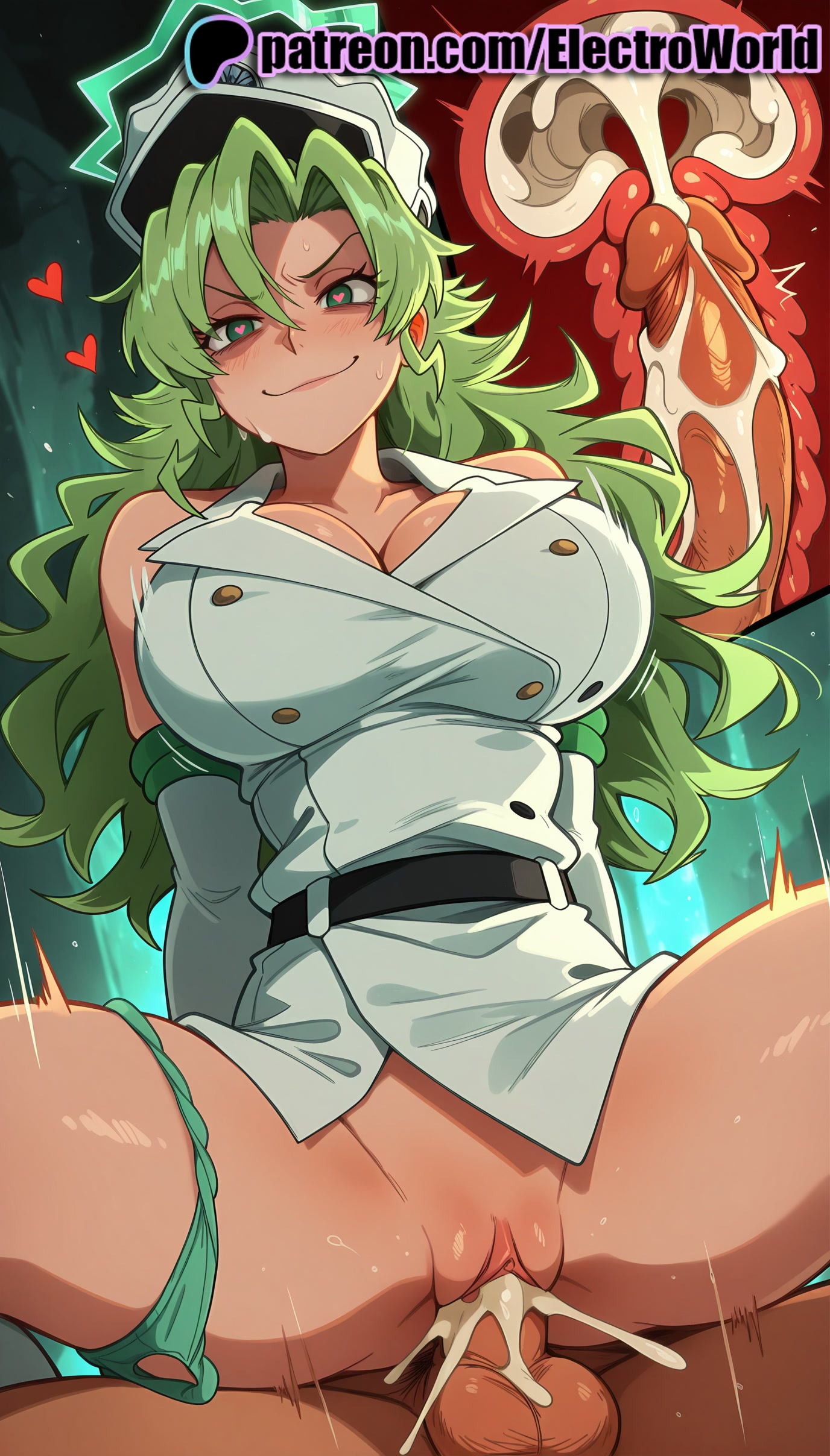 1boy, 1girls, 2025, ai generated, artist name, balls, belt, bleach, bleach: the thousand-year blood war, blush, breasts, bust, candice catnipp, chest, clitoral hood, clitoris, clothed sex, cock, cowgirl position, cross section, cum, cum in pussy, deep penetration, dick, ejaculation, electroworld, exposed pussy, female, fucking, green eyes, green hair, green panties, hat, heart, heart-shaped pupils, hi res, high quality, high resolution, highres, intercourse, internal cumshot, juicy pussy, legs apart, legs spread, long hair, love making, male, open legs, orgasm, overflow, panties, panties around one leg, patreon, patreon username, penetration, penis, pussy, reverse cowgirl position, sex, sex from behind, sexual intercourse, smile, solo focus, splayed legs, spread legs, stable diffusion, straddling, straight, symbol-shaped pupils, testicles, tight pussy, uncensored, underwear, uterus, vagina, vaginal penetration, watermark, x-ray