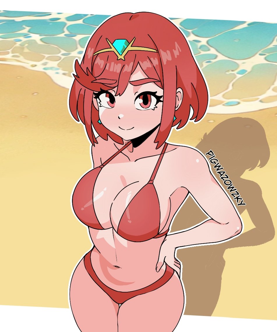 beach big_ass big_breasts big_breasts big_butt big_thighs big_titties bikini curvaceous curvaceous_female curvaceous_figure curvy curvy_figure curvy_hips female female_focus female_only looking_at_viewer pigwazowzky pyra pyra_(xenoblade) red_eyes red_hair short_hair xenoblade_(series) xenoblade_chronicles_2