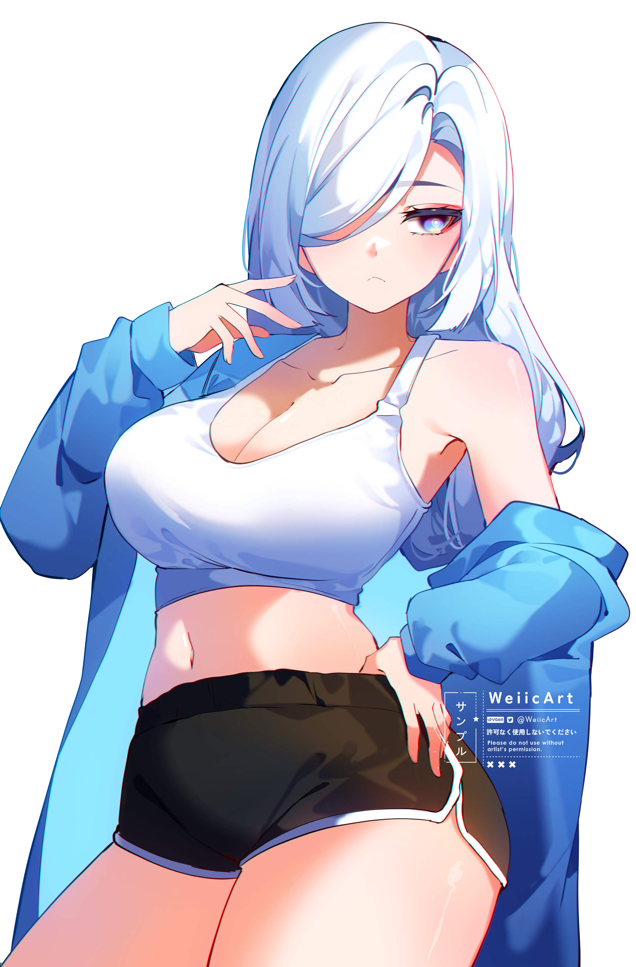 1girls, big breasts, blue eyes, breasts, cleavage, clothed, clothed female, clothing, female, female only, genshin impact, hair over one eye, hand on hip, hips, human, human female, light skin, light-skinned female, long hair, shenhe (genshin impact), solo, solo female, thighs, weiic, white hair
