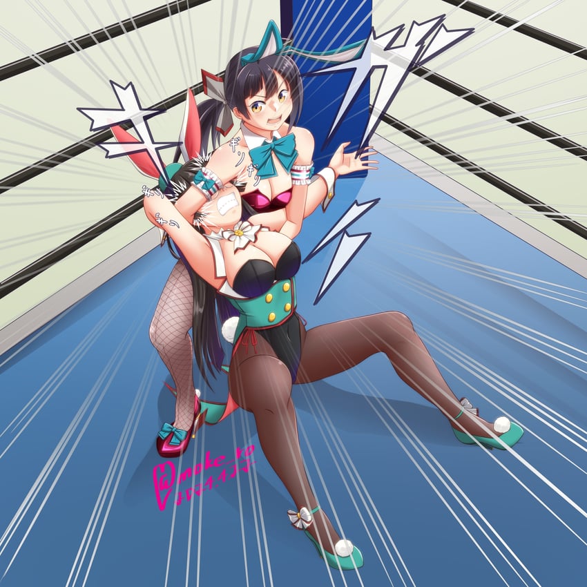 2girls absurdres adapted_costume ahoge black_hair black_pantyhose breasts brown_pantyhose catfight choukai_(kancolle) choukai_kai_ni_(kancolle) corset dated dragon_sleeper fujinami_(kancolle) hair_ribbon headlock highres kantai_collection leotard long_hair medium_breasts moke_ro multiple_girls pantyhose purple_leotard ribbon side_ponytail signature strapless strapless_leotard submission_hold wrestling wrestling_outfit wrestling_ring yellow_eyes