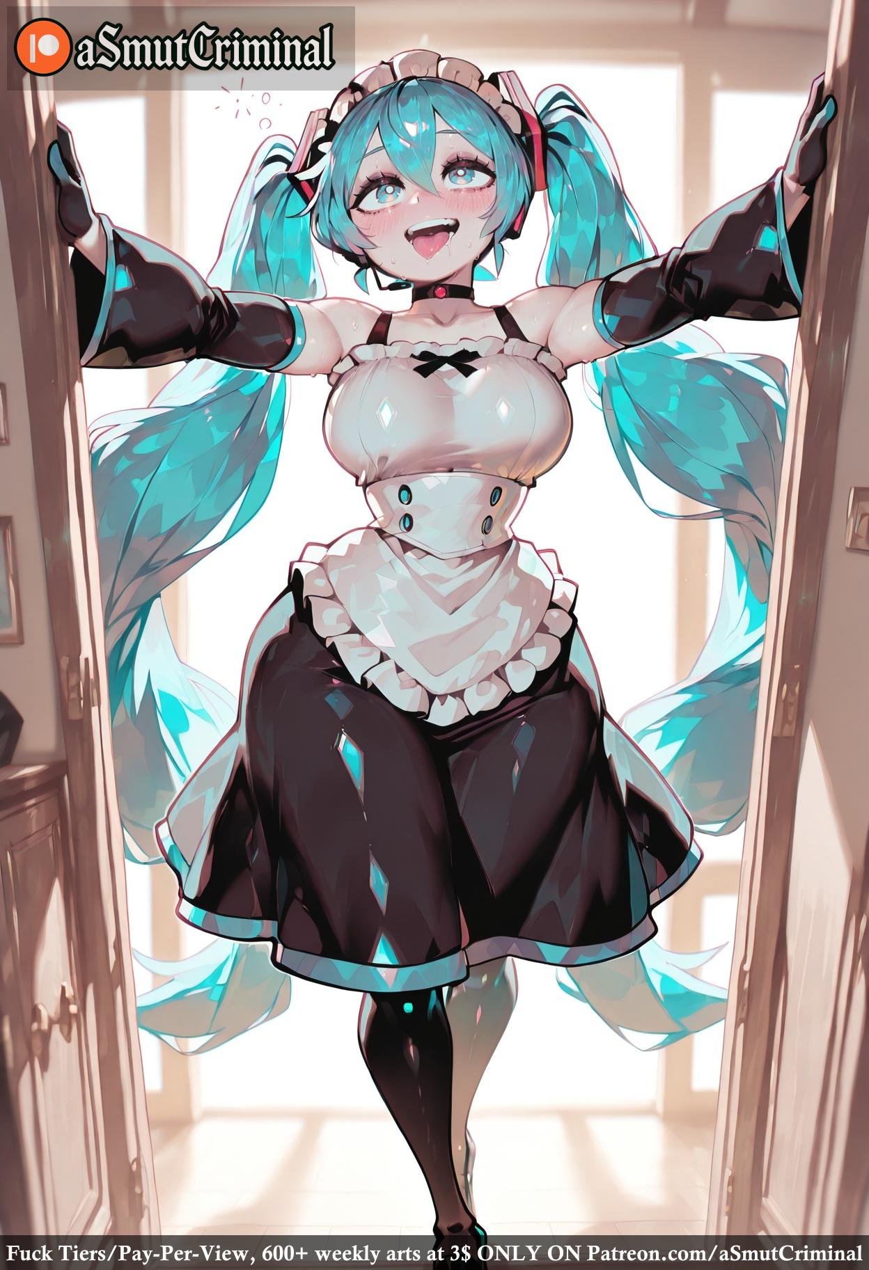 ai_generated apron aqua_eyes aqua_hair armpits arms_up asmutcriminal black_dress black_legwear black_sleeves blue_hair blush detached_sleeves door dress enmaided female frilled_apron frills gloves hairband hatsune_miku headset indoors long_hair looking_at_viewer maid maid_apron maid_headdress open_door open_mouth open_window opening_door outstretched_arms sleeveless smile solo spread_arms tagme thighhighs twintails very_long_hair vocaloid waist_apron white_apron window