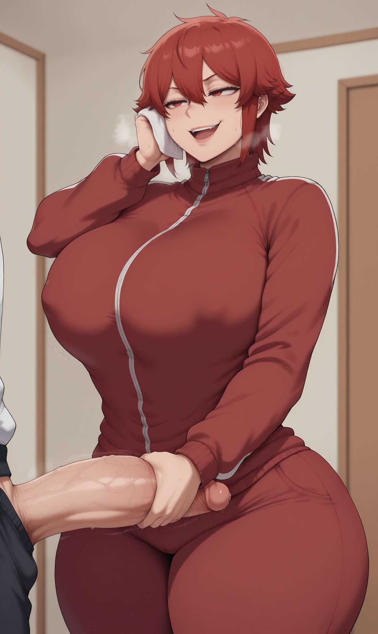 1boy, 1girls, ai generated, aizawa tomo, athletic female, bare thighs, big penis, blush, breasts, female, gigantic breasts, gigantic penis, grabbing penis, huge breasts, huge cock, huge thighs, light skin, light-skinned female, male, massive breasts, penis, red eyes, red hair, short hair, smiling, smogai, squatting, sweat, sweatdrop, thick body, thick female, thick thighs, thighs, tomboy, tomo-chan wa onna no ko, track jacket, track suit, veiny penis, voluptuous, voluptuous female