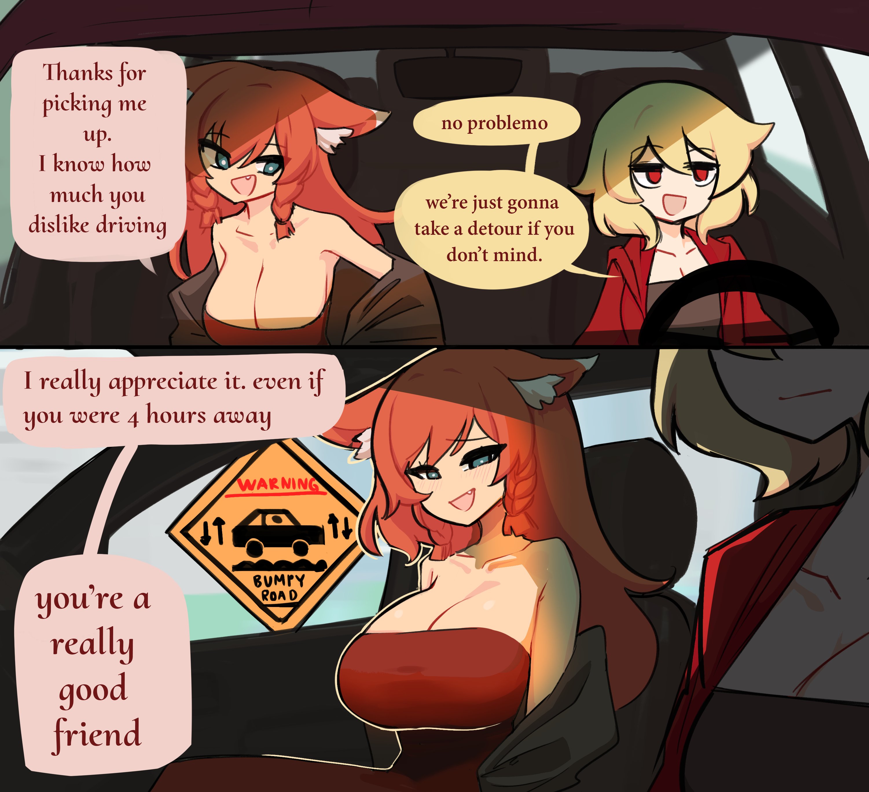 2 panel comic, 2girls, animal ears, bare shoulders, big breasts, blonde hair, blue eyes, breasts, car, car interior, centurii-chan, centurii-chan (character), cleavage, dialogue, driving, english text, exposed shoulders, female, fully clothed, huge breasts, humor, jacket, large breasts, mozumi pichi, no bra, orange hair, original, red eyes, speech bubble, steering wheel, street sign, text, tubetop, v-dere, virtual youtuber