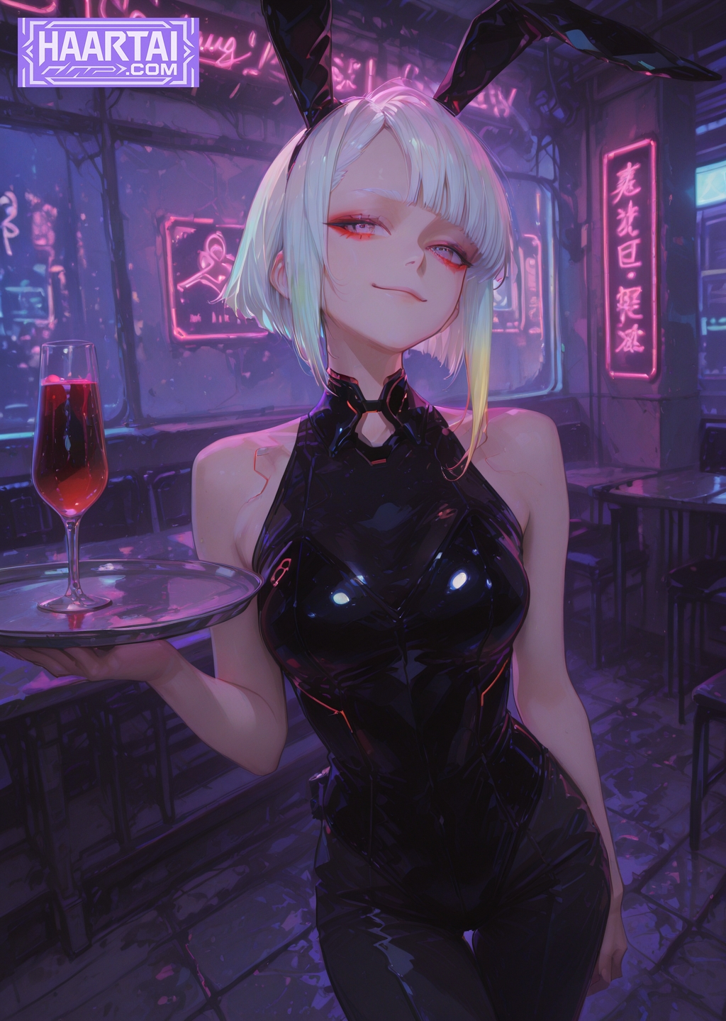 1girls, ai generated, blush, bunny ears, bunnysuit, cyberpunk 2077, female, haart ai, latex, lucyna kushinada, medium breasts, medium hair, pink eyes, short hair, skinny, slim waist, tagme, waitress, white hair