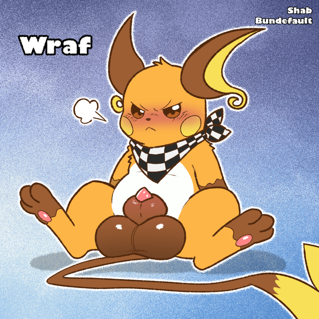 animal_genitalia animal_penis balls big_balls blush bodily_fluids bundefault clothing erection fan_character feral generation_1_pokemon genital_fluids genitals looking_at_viewer male male_only mammal nintendo nude penis pokemon pokemon_(species) raichu rodent sheath simple_background solo solo_male tail text