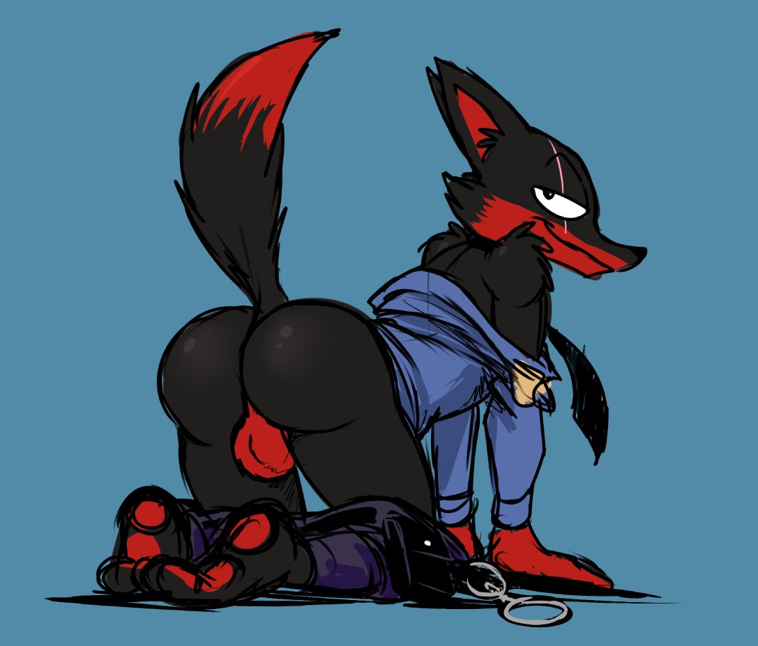 anthro ass backsack balls canine clothing fanta_(character) fox g-h- handcuffs jay_ash_(artist) looking_at_viewer male male_only mammal necktie police shackles simple_background sirdrunkmann1 solo uniform