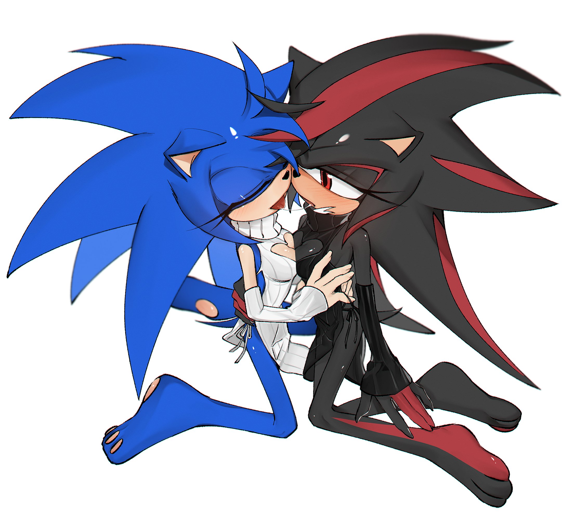 2girls, arm warmers, backless outfit, barefoot, black fur, blue fur, blush, boob window, breast squeeze, breasts, closed eyes, drool string, eulipotyphlan, female, french kissing, genderswap (mtf), hand on back, kneeling, matching outfit, pawpads, red eyes, rule 63, satosi peter, shade the hedgehog, shadow the hedgehog, sonic (series), sonic the hedgehog, sonic the hedgehog (series), sonique the hedgehog, turtleneck sweater, white background, yuri