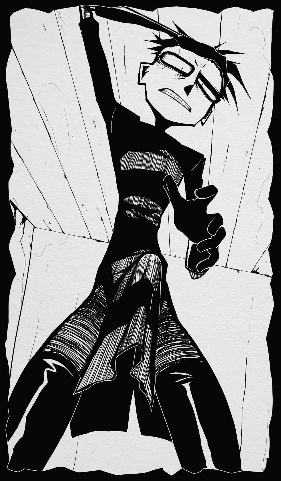 black and white, black gloves, black hair, boner under clothes, disgusted, disgusted look, gloves, goth, goth boy, hard cock, hard on, idonotexist.222, jhonen vasquez, johnny the homicidal maniac, latino, latino male, long shirt, looking at penis, looking down at penis, male, male only, mexican, mexican male, nny, penis, skinny, solo male, spiky hair, surprised, surprised expression