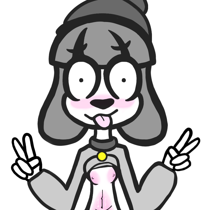 anthro belly_blush blush body_blush breast_blush canid canine canis clothed clothing clothing_lift domestic_dog double embarrassed female fifi_(somemf) floppy_ears gesture grey_hair hair hat headgear headwear jewelry mammal necklace nerves nipples sign solo sticking thin_body tongue tongue_out