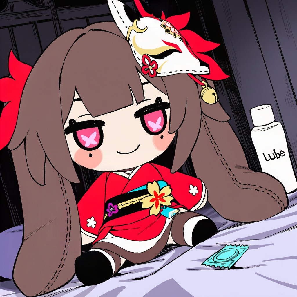 1:1_aspect_ratio ai-created animal_ears animal_mask bangs bell black_legwear black_thighhighs blush blush_stickers breasts brown_hair character_doll chibi closed_mouth clothing condom condom_packet_strip condom_wrapper doll female female_only fox_mask guns_girlz_(series) hair_ornament heart heart-shaped_pupils honkai:_star_rail imminent_sex indoors kimono legwear long_hair long_sleeves looking_at_viewer lube lube_bottle mask mask_on_head mole mole_under_eye obi pink_eyes red_kimono robe sash shaddai sitting smile solo sparkle_(doll)_(honkai:_star_rail) sparkle_(honkai:_star_rail) stuffed_toy symbol-shaped_pupils thighhighs thighs tied_hair traditional_clothes twintails wafuku wide_sleeves