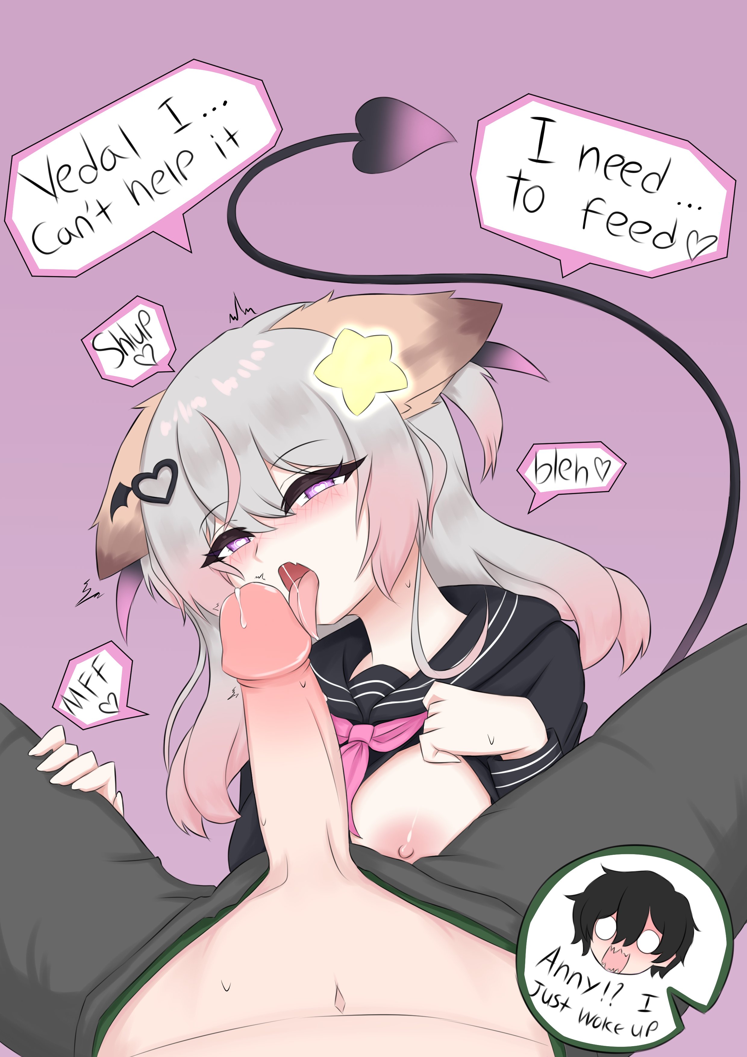 1boy, 1girls, alternate version available, animal ears, annytf, areola, blush, breasts, demon, demon tail, dialogue, english text, erect penis, erection, exposed breast, female, fox ears, fox girl, heart-shaped pupils, huge breasts, indie virtual youtuber, licking penis, light skin, light-skinned female, light-skinned male, male, male pov, nipple, nose blush, open mouth, oral, penis, pov, precum, school uniform, straight, succubus, symbol-shaped pupils, szpecter, tail, text, tongue, tongue out, vedal987, virtual youtuber, vtuber