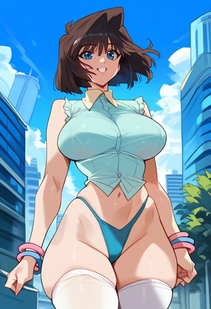 1girls 2d ai_generated anzu_mazaki big_breasts bracelet brown_hair city female female_focus female_only mazaki_anzu narrow_waist shirt sleeveless_shirt solo solo_female solo_focus tagme tea_gardner thighhighs yu-gi-oh!
