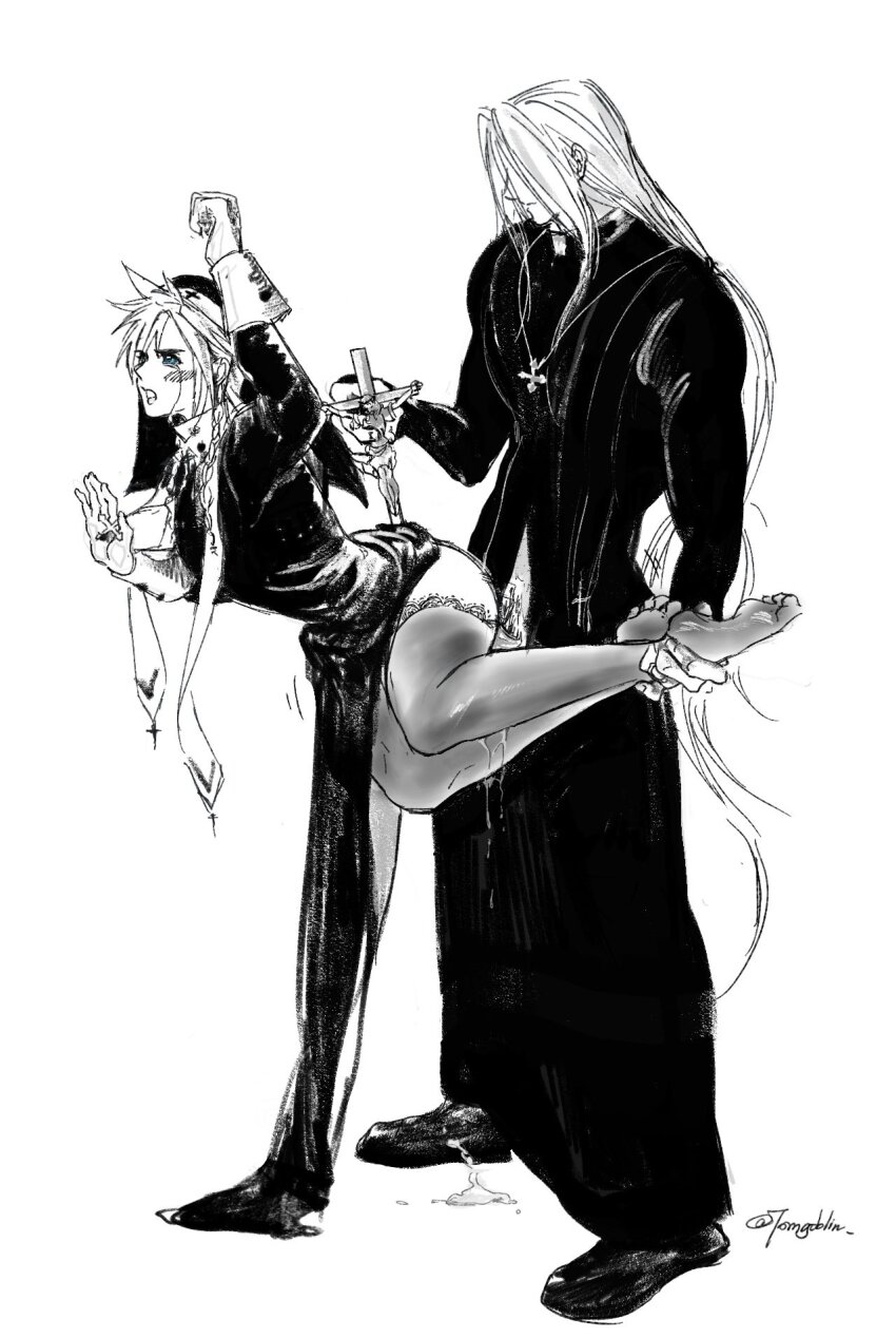 2boys against_wall anal arm_up blush braid carrying carrying_partner clothed_sex cloud_strife cross crossdressing crucifix crying cum cum_in_ass final_fantasy final_fantasy_vii highres holding holding_cross lifting long_hair male_focus male_penetrated motion_lines multiple_boys nun open_mouth priest pubic_hair questionable_consent sephiroth sex sex_from_behind sketch tears thighhighs tomgoblin twintails yaoi