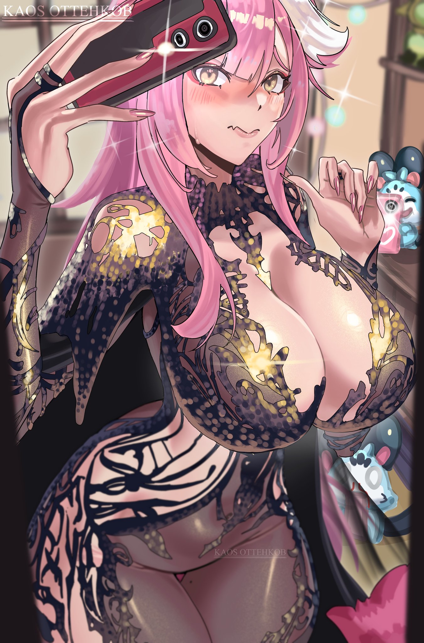 1girls, 2animals, animal ears, blush, breasts, chattino (raora panthera), chronopattern dress, cleavage, dress, embarrassed, fan mascot (vtuber), female, hololive, hololive english, hololive english -justice-, huge breasts, indoors, kaos ottehkob, light skin, light-skinned female, meme attire, nose blush, panther ears, panther girl, panther tail, phone, pink hair, raora panthera, selfie, smartphone, tail, virtual youtuber, yellow eyes