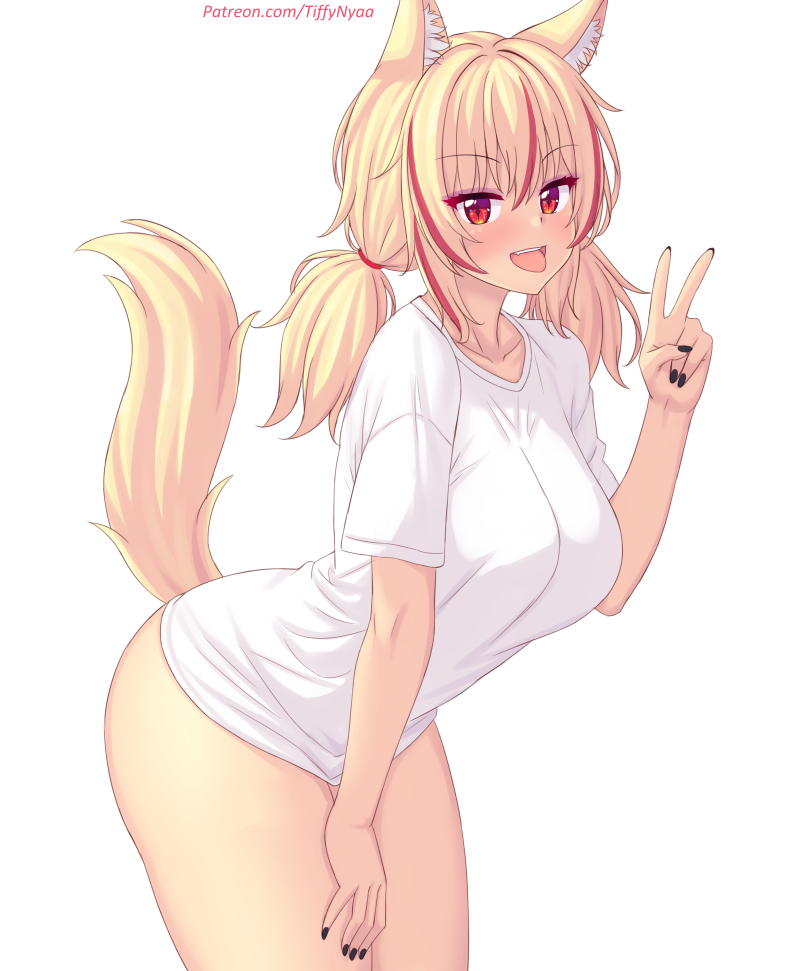 1girls big_ass big_breasts big_thighs black_fingernails blonde_hair cat_ears cat_tail catgirl female looking_at_viewer patreon patreon_username peace_sign red_eyes red_highlights thighs tiffy tiffynyaa tongue tongue_out twintails