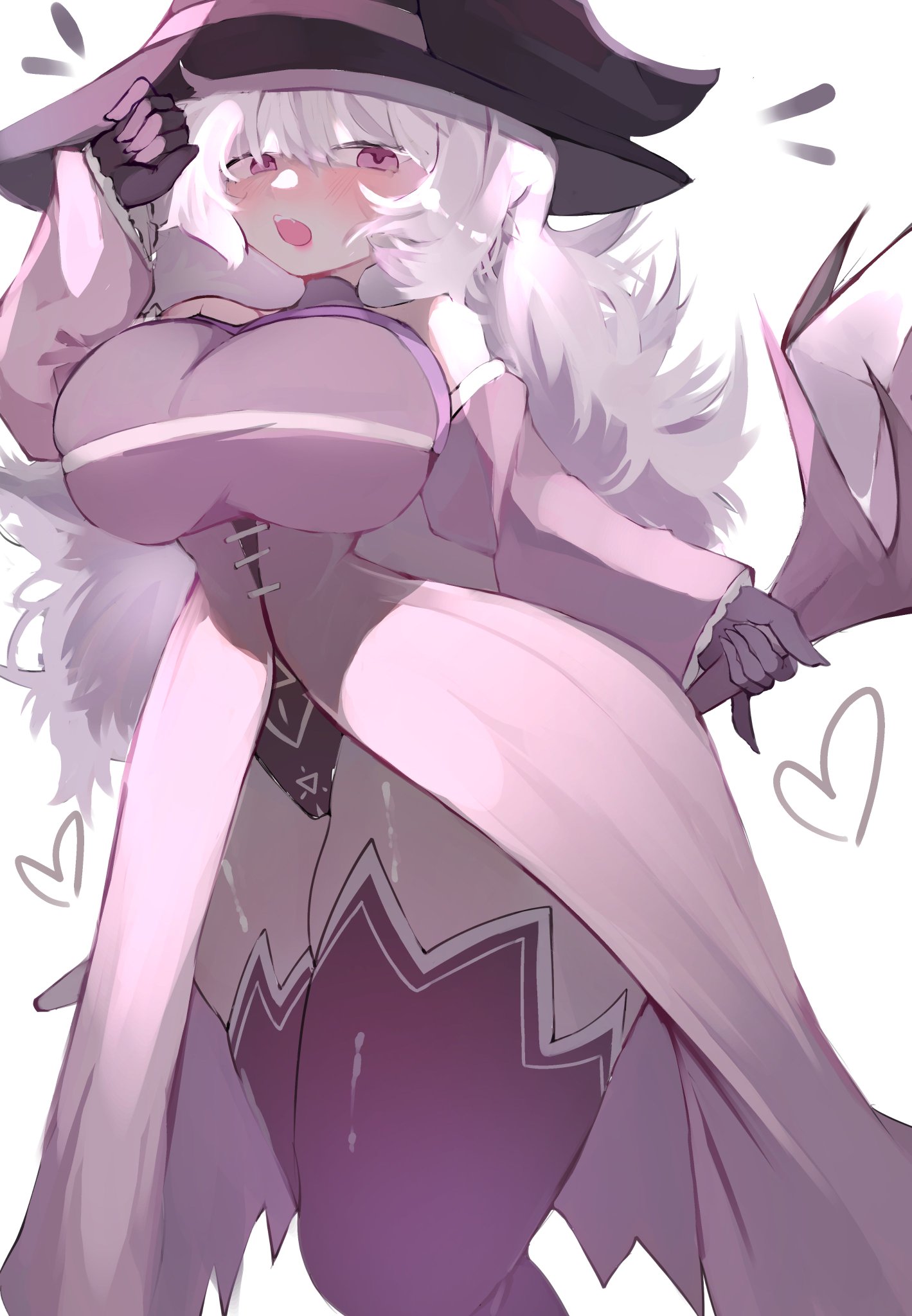 1girls, breasts, clothing, commission, female, hat, heart, hoshoidk, huge breasts, mage, maiara (pigmasteroink), pigmasteroink, pink eyes, staff, thick thighs, thighhighs, voluptuous, white background, white hair, witch hat