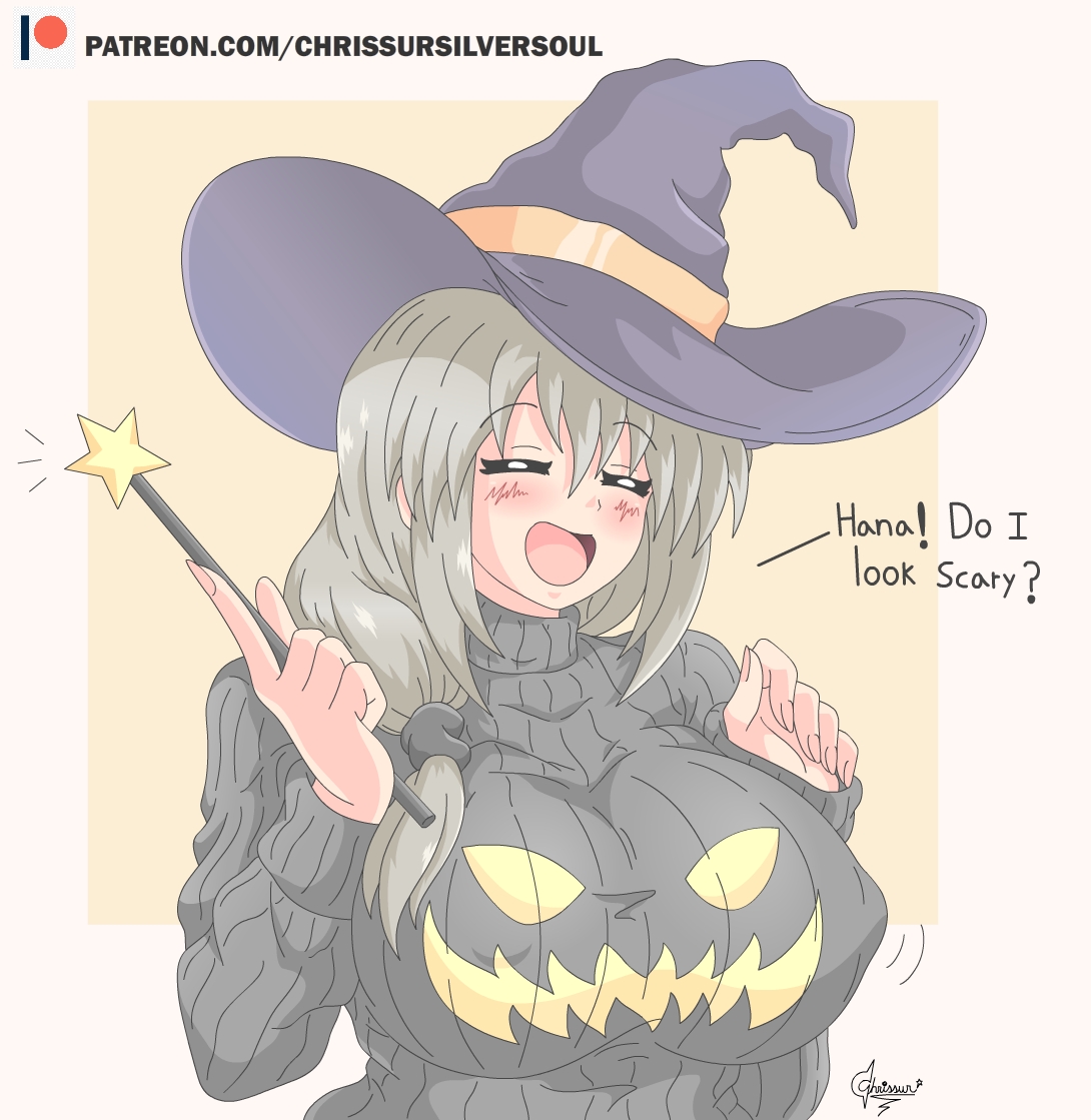 alternate version available, big breasts, breasts, breasts bigger than head, chrissursilversoul, closed eyes, female, halloween, halloween costume, huge breasts, milf, nipples visible through clothing, simple background, smile, sweater, uzaki tsuki, uzaki-chan wa asobitai!, wand, white hair, witch hat