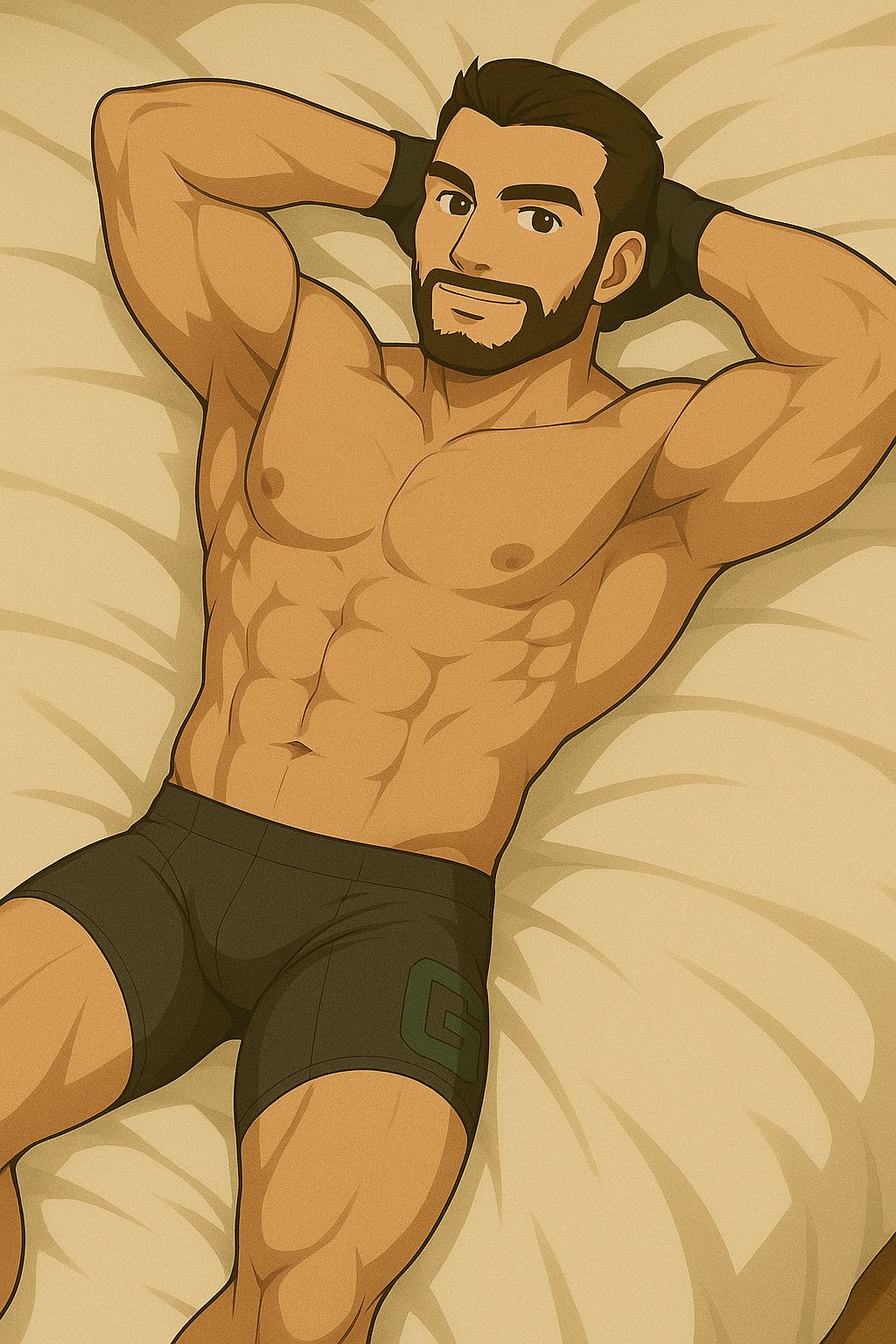 ai_generated athletic athletic_male beard bed bedroom_setting boxer_briefs boxer_briefs_only boxers boxers_only handsome_man hunk jacked laying_on_bed male male_only muscular muscular_male seducing seductive_look seductive_smile short_hair smirking strong teasing_viewer underwear