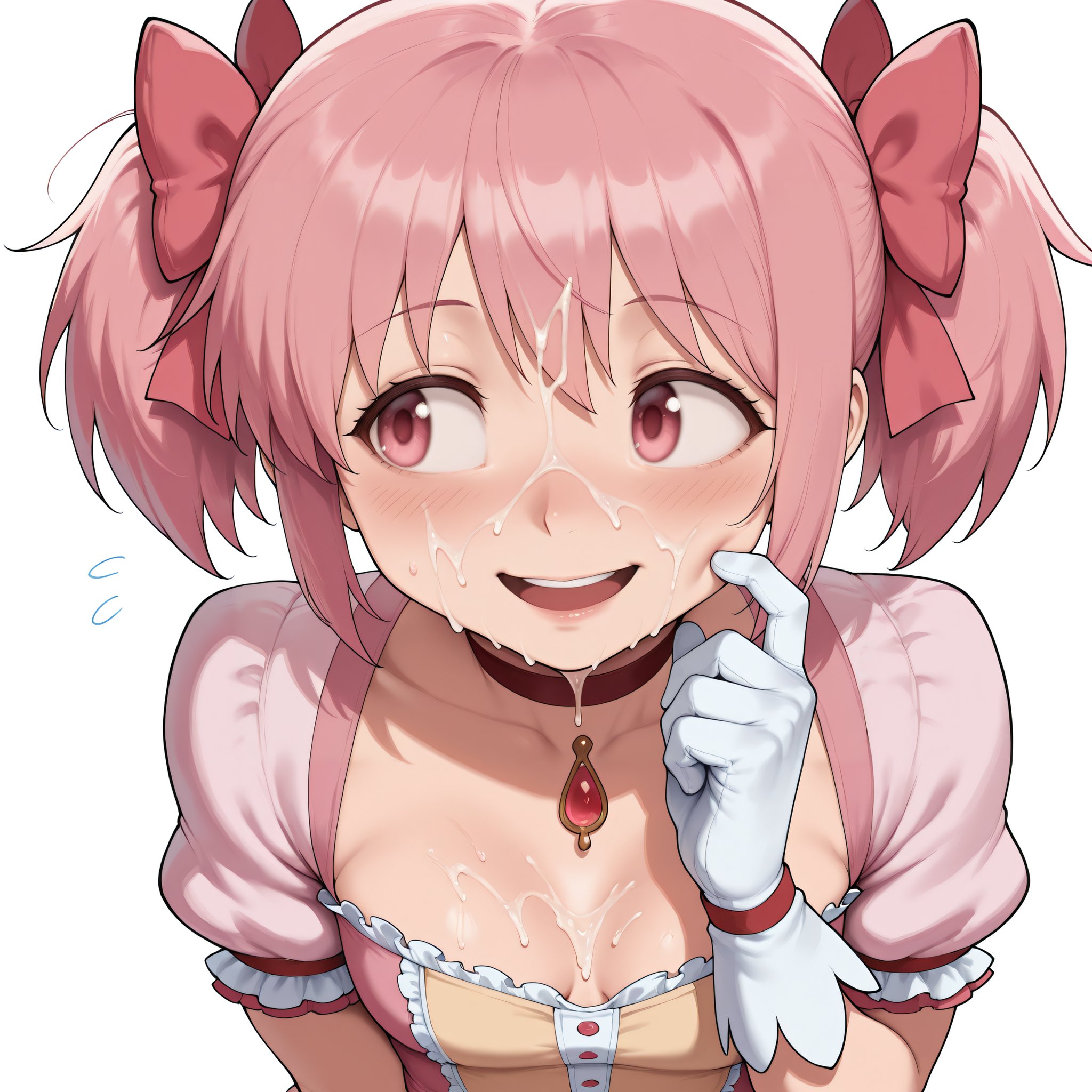 ai generated, blush, breasts, cum on breasts, cum on face, cum on hair, embarrassed, female, hair ribbon, light skin, light-skinned female, madoka kaname, magical girl, mahou shoujo madoka magica, pink eyes, pink hair, small breasts, smiling, smogai, solo female, squatting, sweat, sweatdrop, twintails, voluptuous, voluptuous female