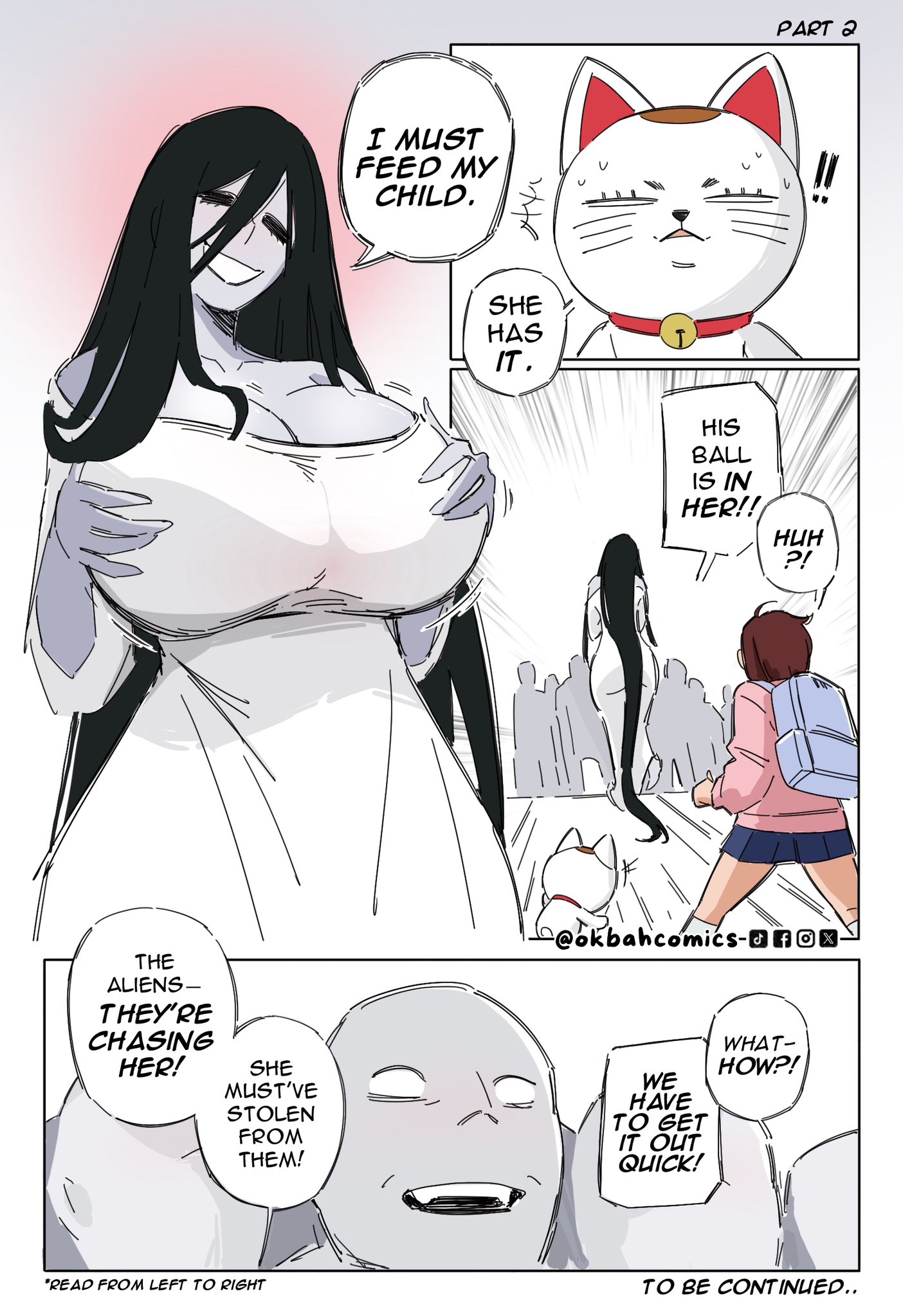 2chan, 2girls, ayase momo, black hair, breasts, closed eyes, comic, crowd, dandadan, dress, english text, female, hantu tetek, huge breasts, long dress, malaysian, ok bah comics, tall female, turbo granny (dandadan), white dress