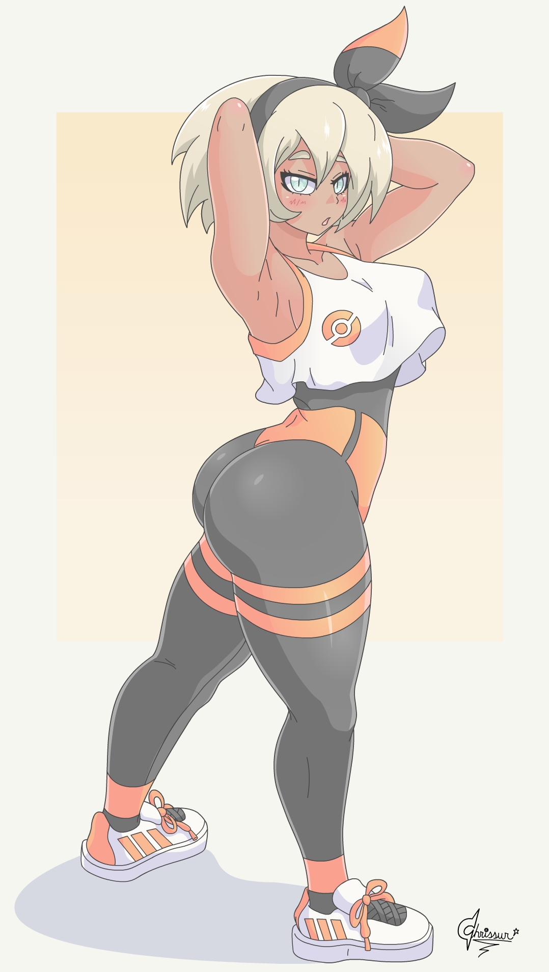 1girls, 2d, ass, bea (pokemon), black legwear, bubble ass, bubble butt, chrissursilversoul, color, crop top, dark skin, dark-skinned female, female, female only, full body, grey eyes, grey hair, hands on head, looking back, nintendo, pokemon, signature, simple background, sneakers, solo, standing, tagme, thick ass, tight clothing