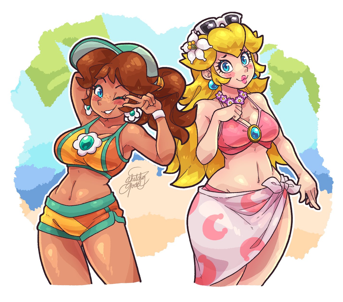 2girls, alternate costume, bikini, blonde hair, blue eyes, breasts, brown hair, cleavage, earrings, female, flower earrings, large breasts, long hair, looking at viewer, mario (series), mario kart, mario kart world, navel, nintendo, official alternate costume, ponytail, princess daisy, princess daisy (swimwear), princess peach, princess peach (swimwear), shorts, sketchytodd, skin tone difference, sunglasses, sunglasses on head, super mario odyssey, swimsuit, swimwear, thighs, v, v sign, wink, winking at viewer