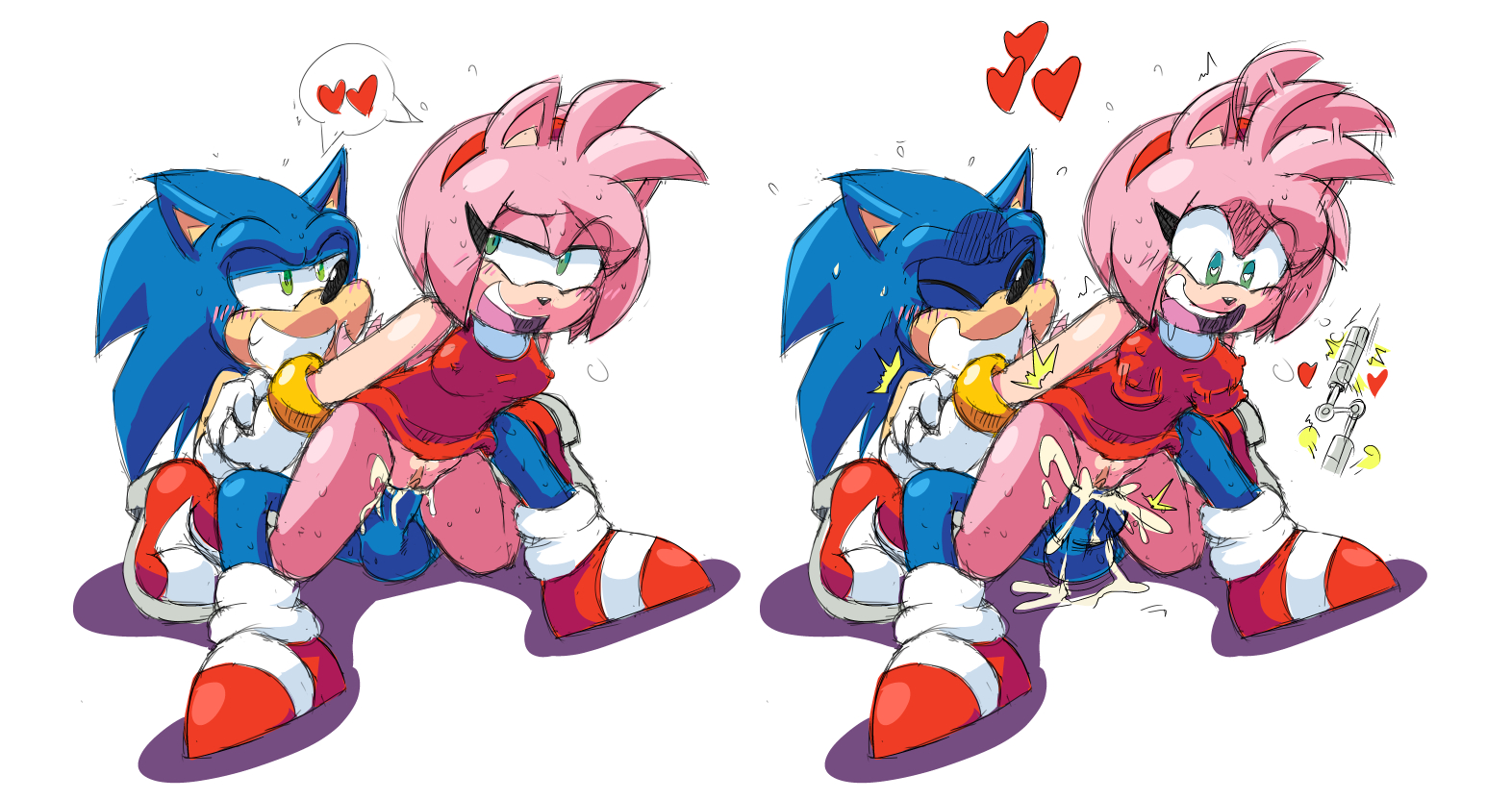 amy rose, anthro, balls, black nose, blue fur, blue penis, breasts, bulge, closed eyes, clothing, cum, cum explosion, cum in pussy, cum inside, cum leaking, dress, exposed torso, extraspecialzone, female, female penetrated, footwear, fur, furry, furry only, gloves, green eyes, hair ornament, hairband, handwear, heart, heart-shaped pupils, hedgehog, looking pleasured, male, male penetrating, male penetrating female, male/female, mammal, mostly nude, nipple bulge, nipples, open mouth, partially clothed, penetration, penis, pink fur, pink hair, prison guard position, pussy, red dress, sega, shoes, simple background, sonic (series), sonic the hedgehog, sonic the hedgehog (series), speech bubble, spread legs, spreading, straight, tail, thighhighs, thighs, tongue, topwear, vaginal penetration, white background