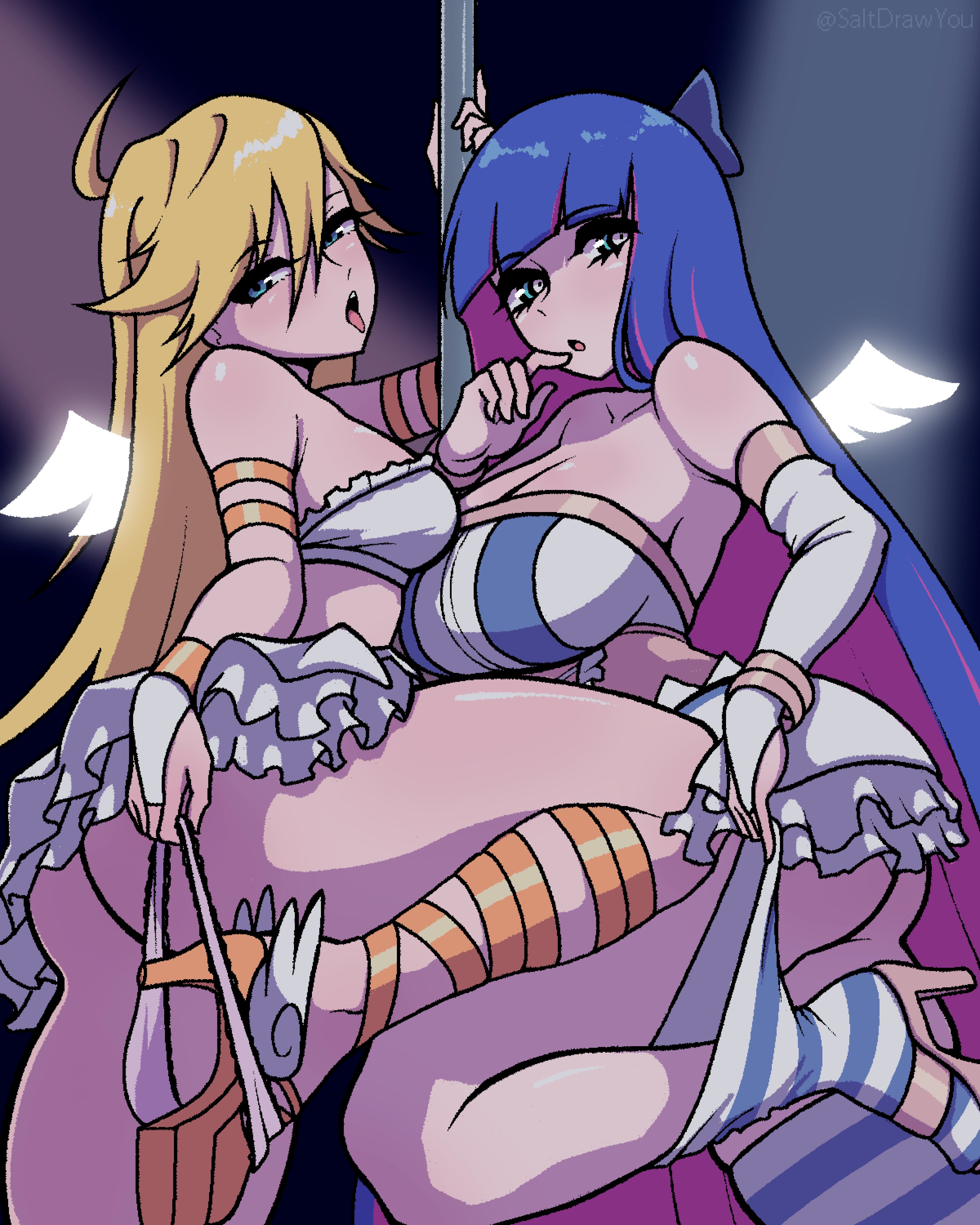 2024, 2girls, absurdres, ahoge, angel, angel wings, armlet, artist name, ass, asymmetrical docking, bare legs, bare shoulders, black background, blonde hair, blue eyes, bra, bracelet, breast press, breasts, bridal gauntlets, cleavage, clenched hands, colored inner hair, commentary, commission, crop top, detached wings, english commentary, female, female only, frilled bra, frilled skirt, frills, from side, glowing, glowing wings, green eyes, head tilt, highres, huge ass, jewelry, large breasts, leg up, long hair, looking at viewer, looking back, lying, medium breasts, midriff, mini wings, multicolored hair, multiple females, multiple girls, on back, open mouth, panties, panties around leg, panty & stocking with garterbelt, panty anarchy, panty pull, pink hair, pixel art, pole, purple hair, saltdrawyou, siblings, sideboob, simple background, sisters, skirt, socks, spotlight, standing, stocking anarchy, straight hair, strapless, streaked hair, striped clothes, striped thighhighs, tareme, teeth, thick thighs, thighhighs, thighhighs pull, thighs, tongue, tongue out, tsurime, tube top, underwear, upper teeth, very long hair, white panties, wings