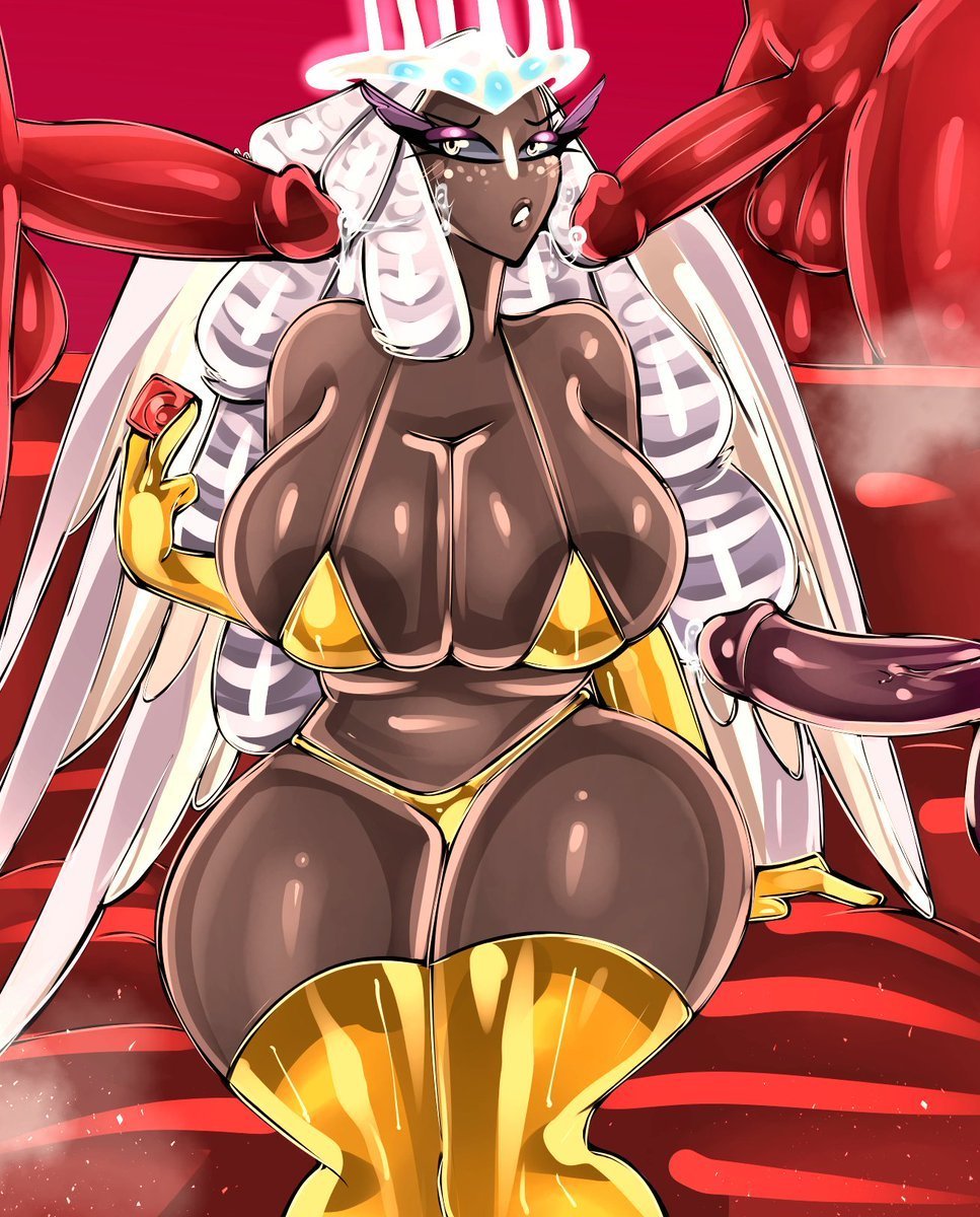 angel, angel humanoid, big breasts, big penis, bikini, bitterbunz, blush, bodily fluids, breasts, condom, dark body, dark skin, dark-skinned female, demon, demon humanoid, demon on angel, erection, faceless character, faceless male, feathers, female, freckles, genital fluids, genitals, gold bikini, group, hair, halo, hazbin hotel, hi res, humanoid, humanoid on humanoid, interspecies, male, male on humanoid, male/female, mature female, nude, open mouth, partially clothed, penile, penis, precum, red body, sera (hazbin hotel), seraph (angel), sex, teeth, vein, veiny penis, white body, white eyes, white feathers, white hair, wings
